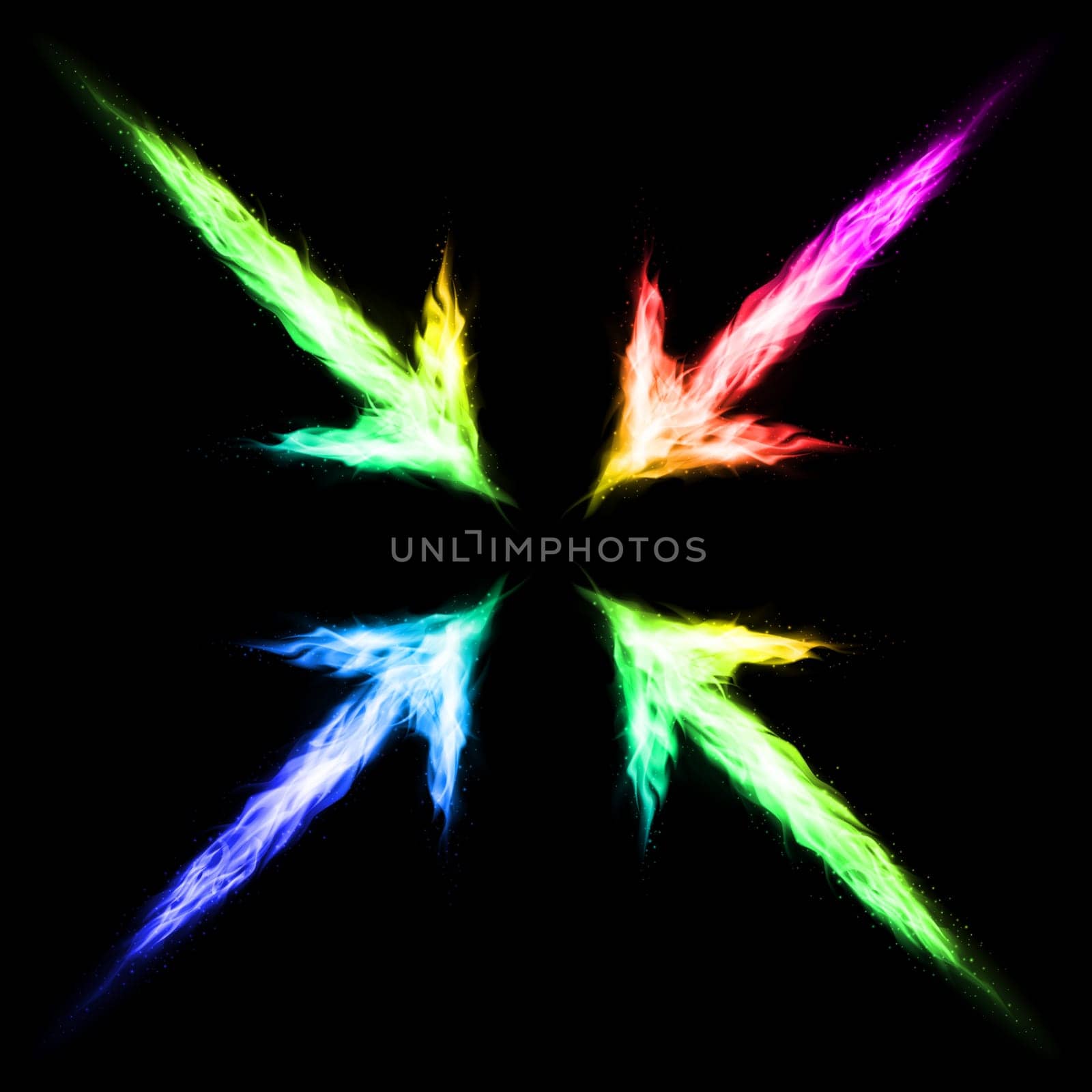 Four colorful fire arrows directed to the centre. Illustration on black background.
