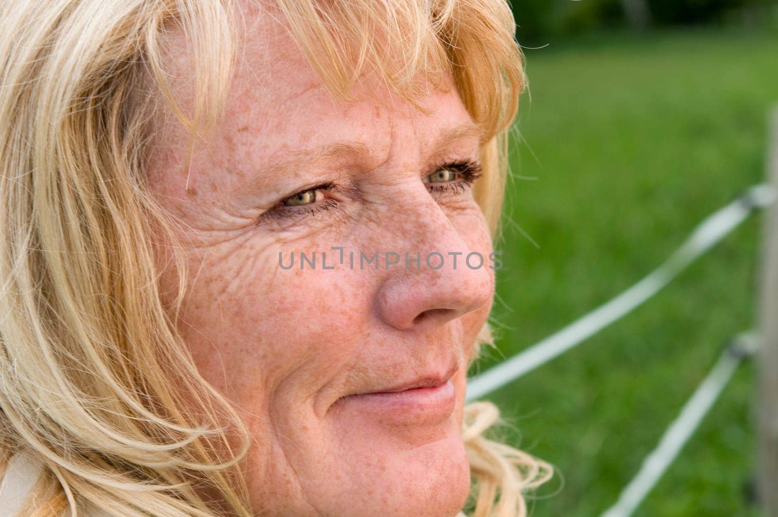 Side close-up of a blonde mature woman on the fence on a green meadow thoughtful and contentedlooking looking into the light