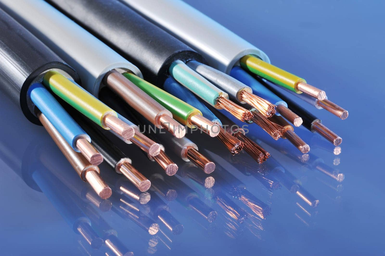 Macro detail of various stripped power cables