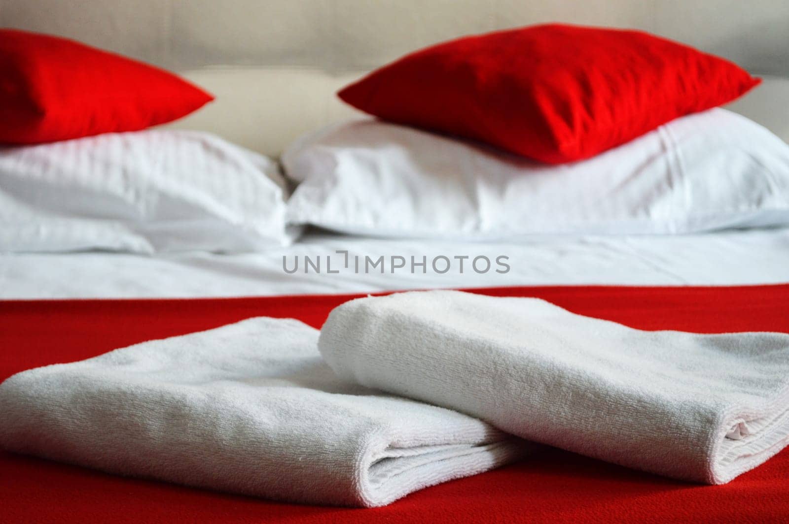 Double bed in hotel room. Accommodation