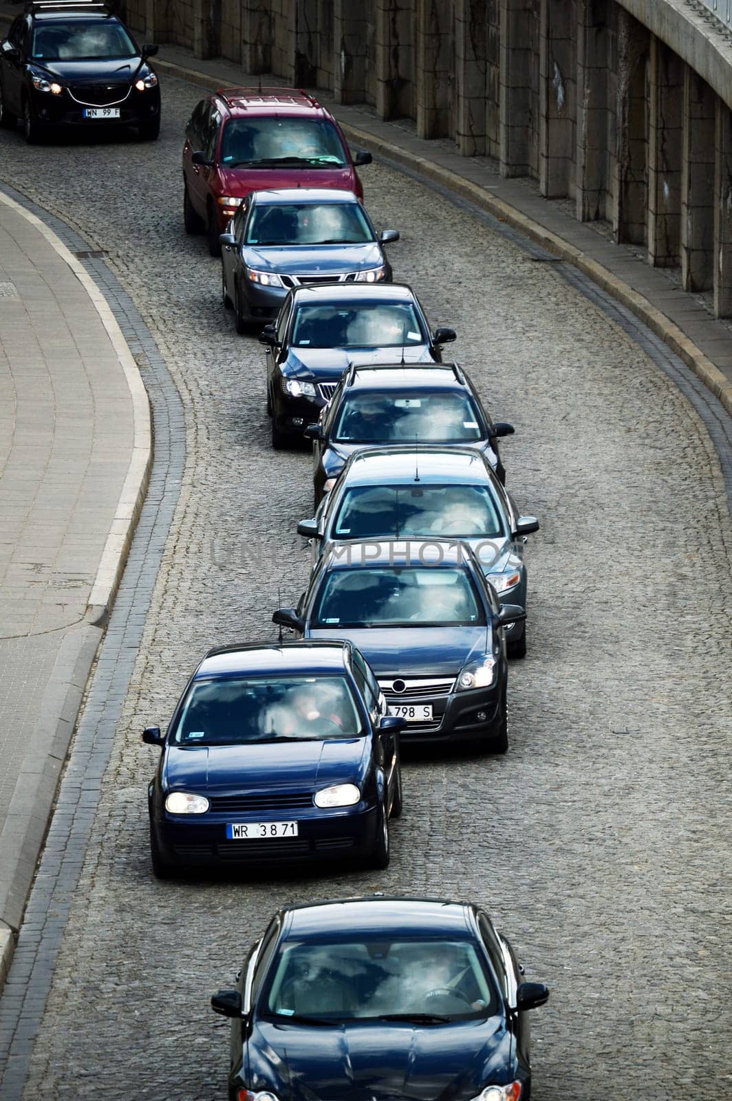 Cars in traffic jam on the one way street