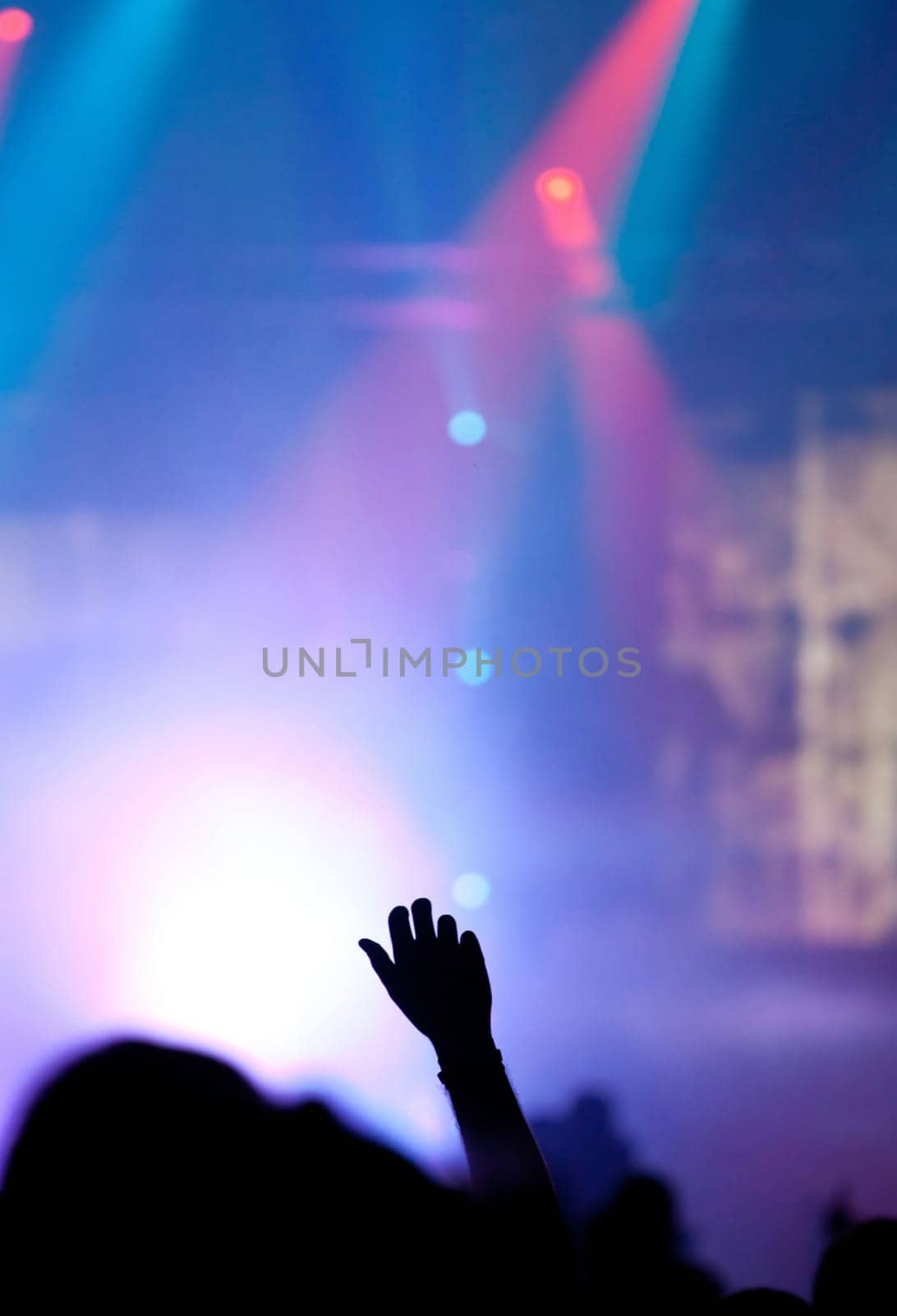 Cheering crowd in front of bright colorful stage lights