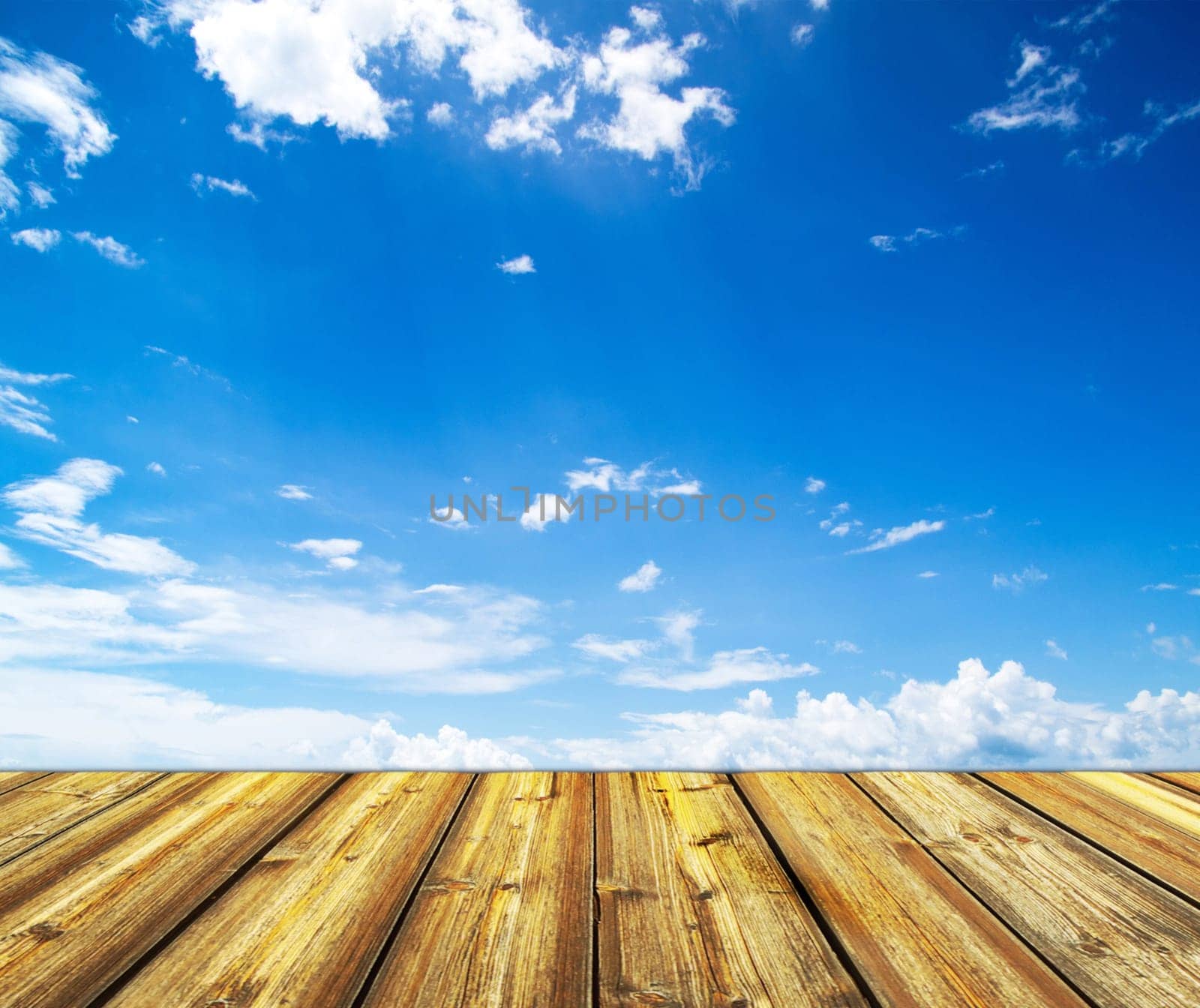blue sky and wood floor background
