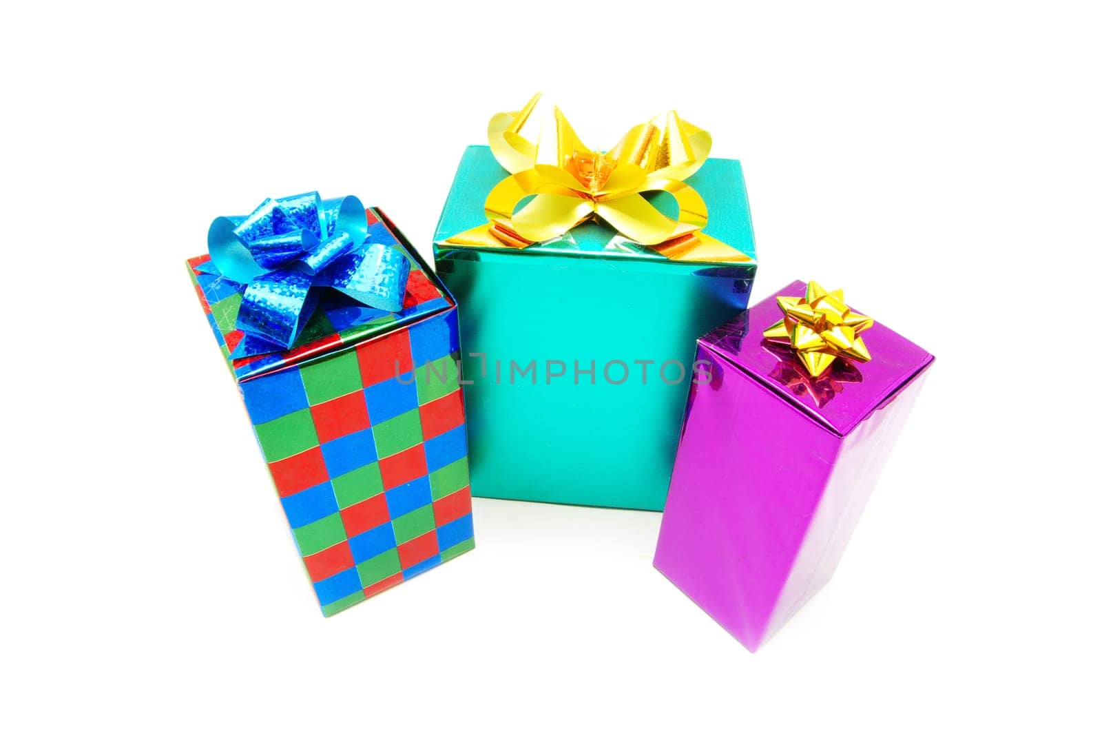 Christmas box gifts with satin bow isolated on white background