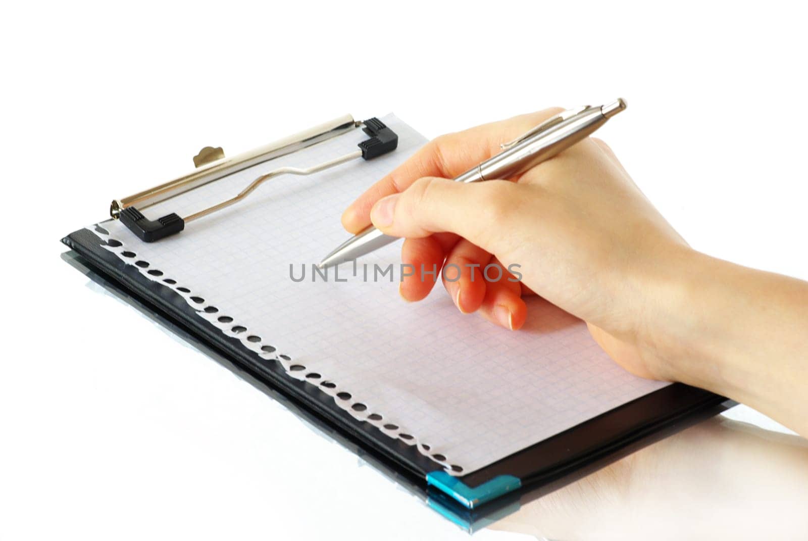 Hand and pen on the white background