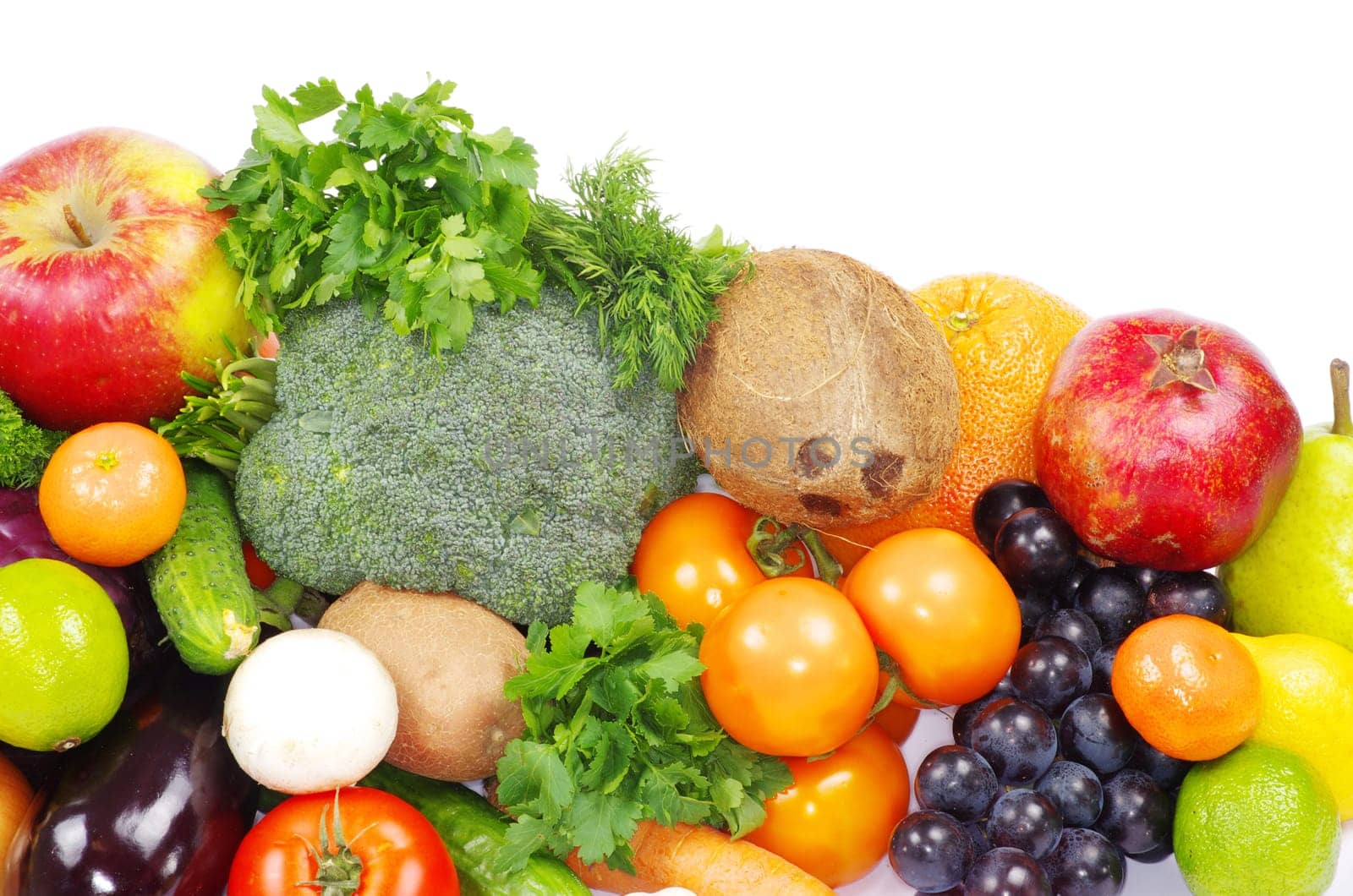 Fresh fruits and vegetables isolated on white