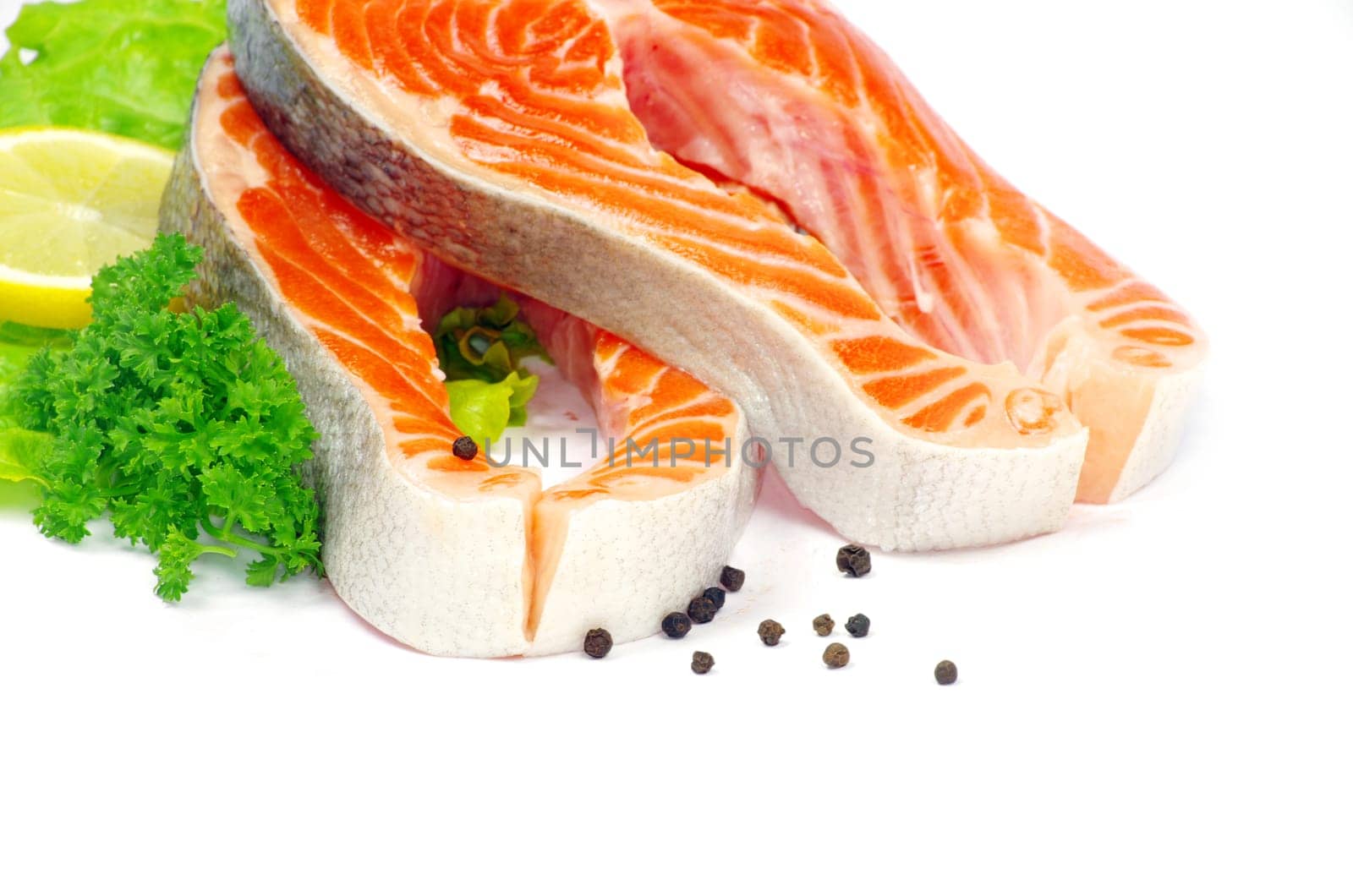 raw salmon and spices isolated
