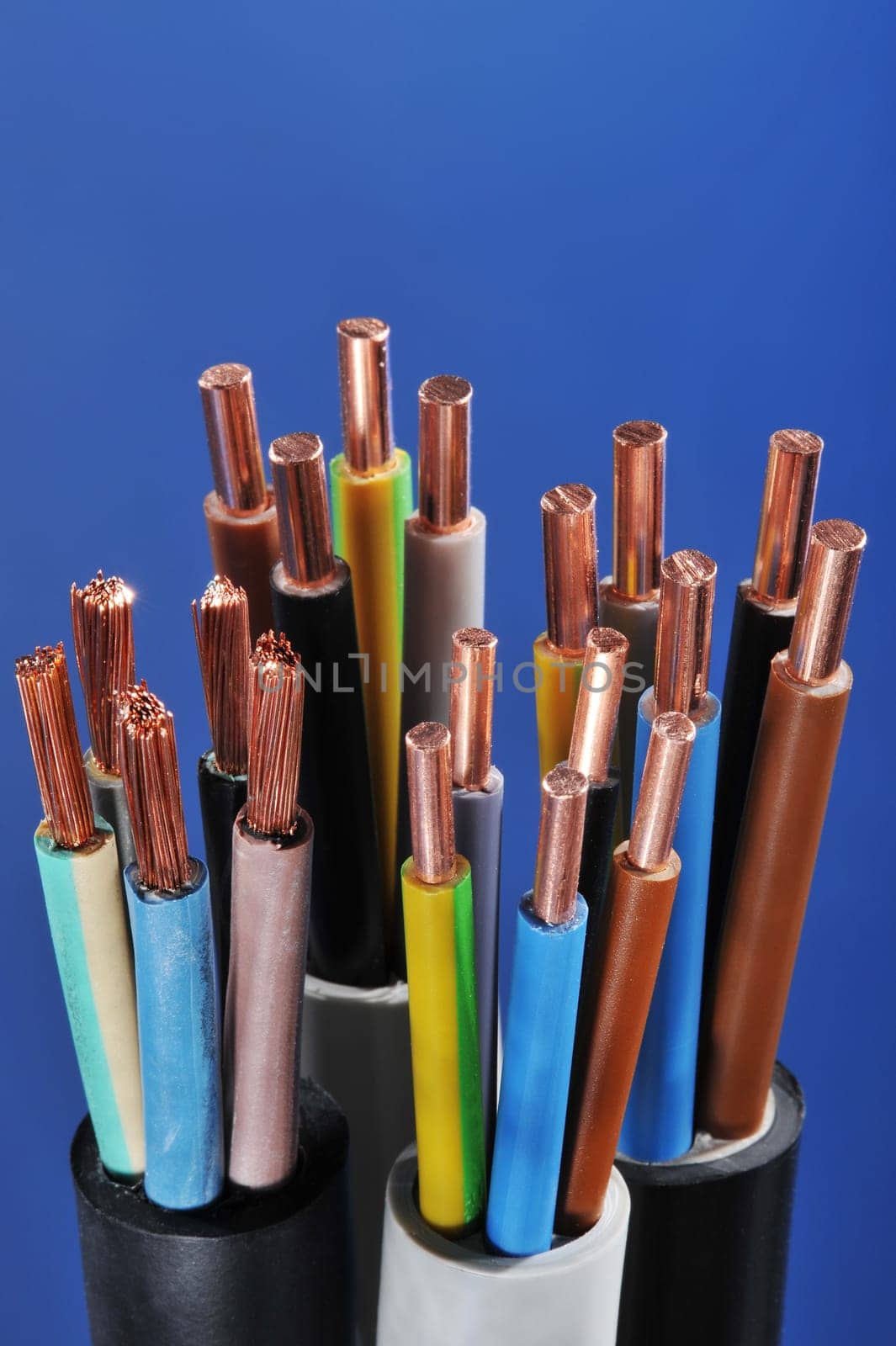 Macro detail of various stripped power cables