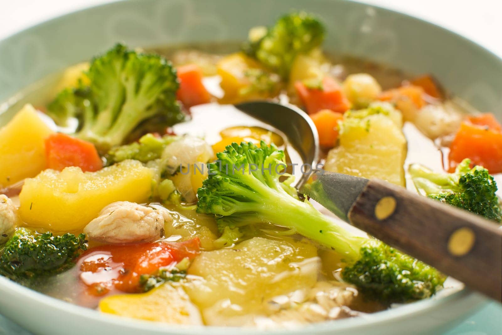 Hot chicken stew with vegetables close up