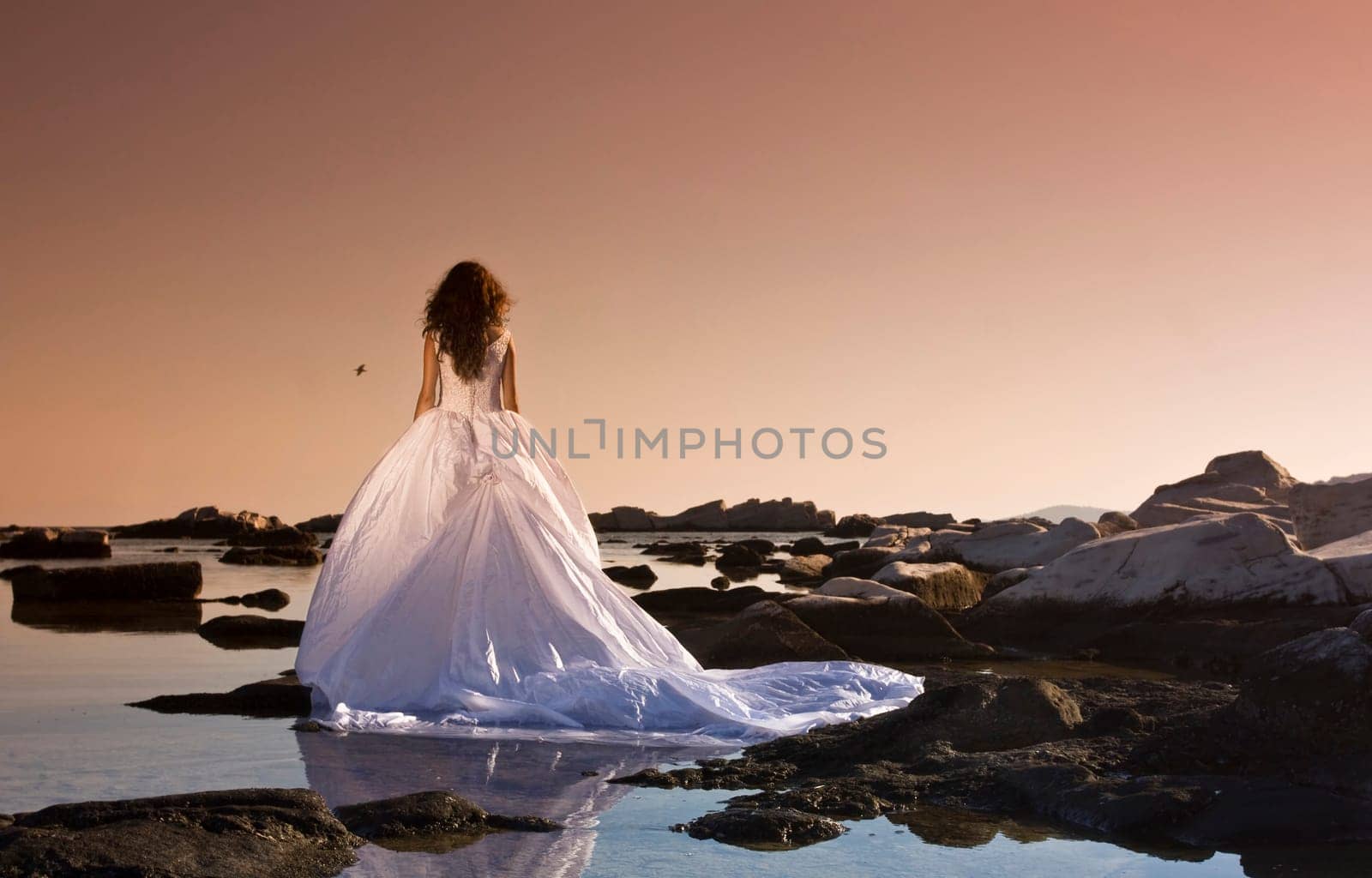 Vintage photo of beautiful bride standing on a cliff on the sea