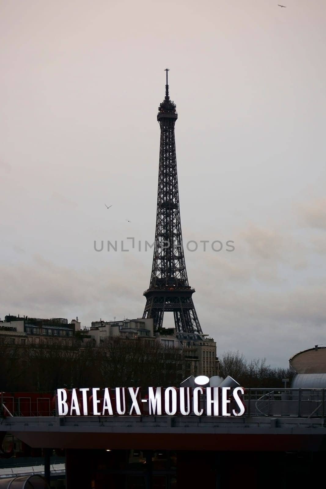 Paris,France -- January 01,2014: The Eiffel Tower and the Bateaux Mouches boat cruise docks in twilight on January 1,2014 in Paris.