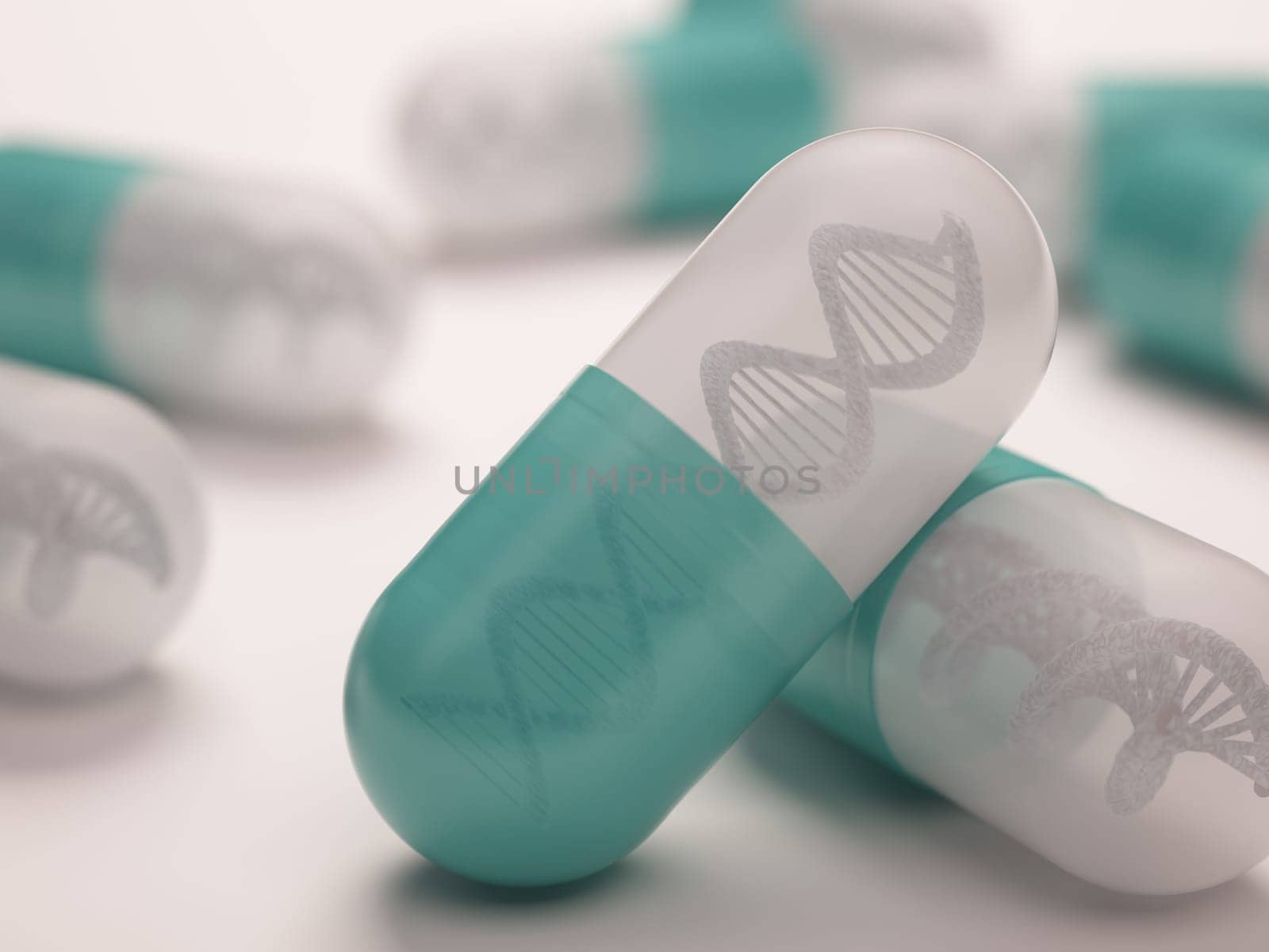 Pill with a dna inside. Concept in genetic breakthrough in drug development.
