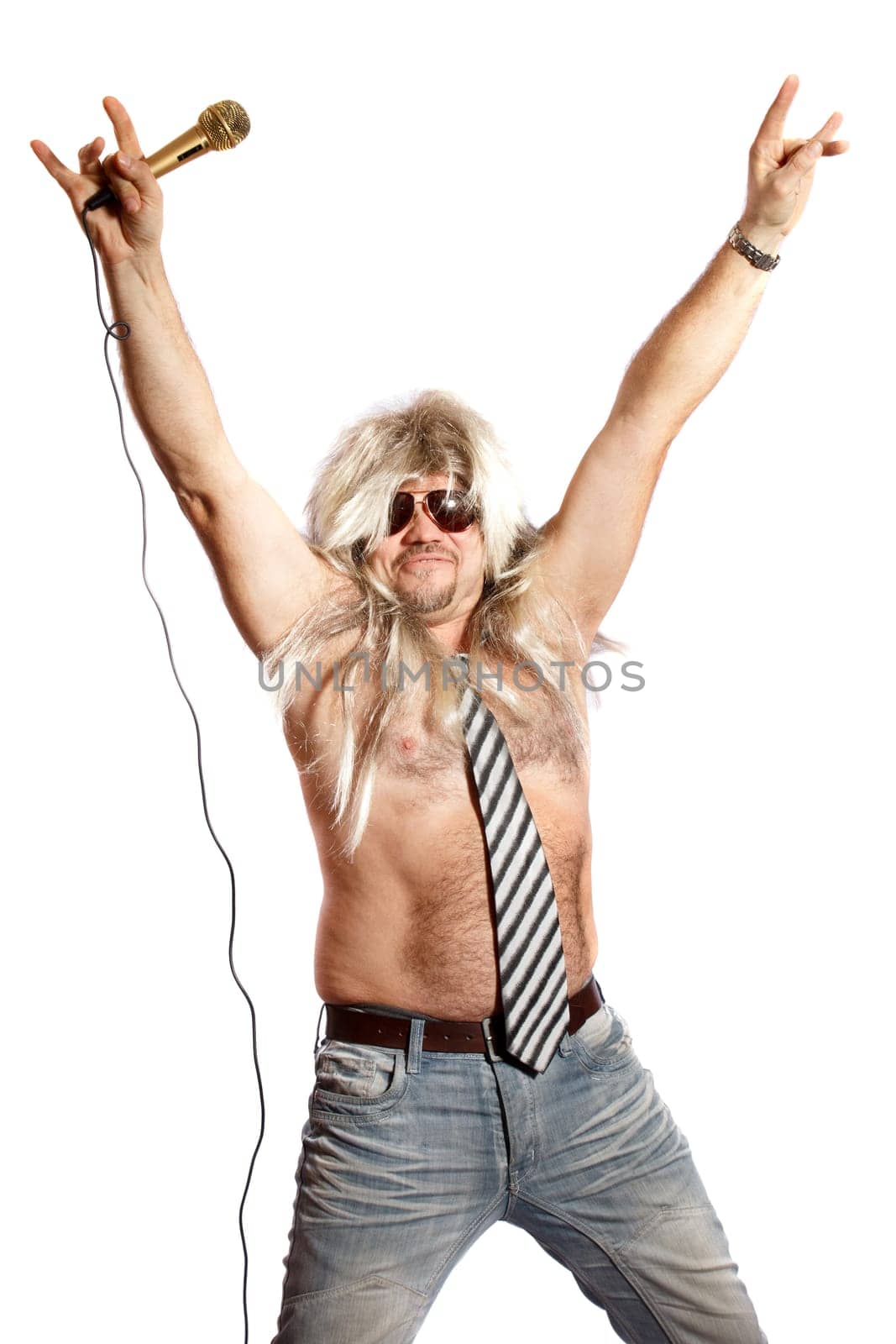 old-time rock singer with a microphone on a white background
