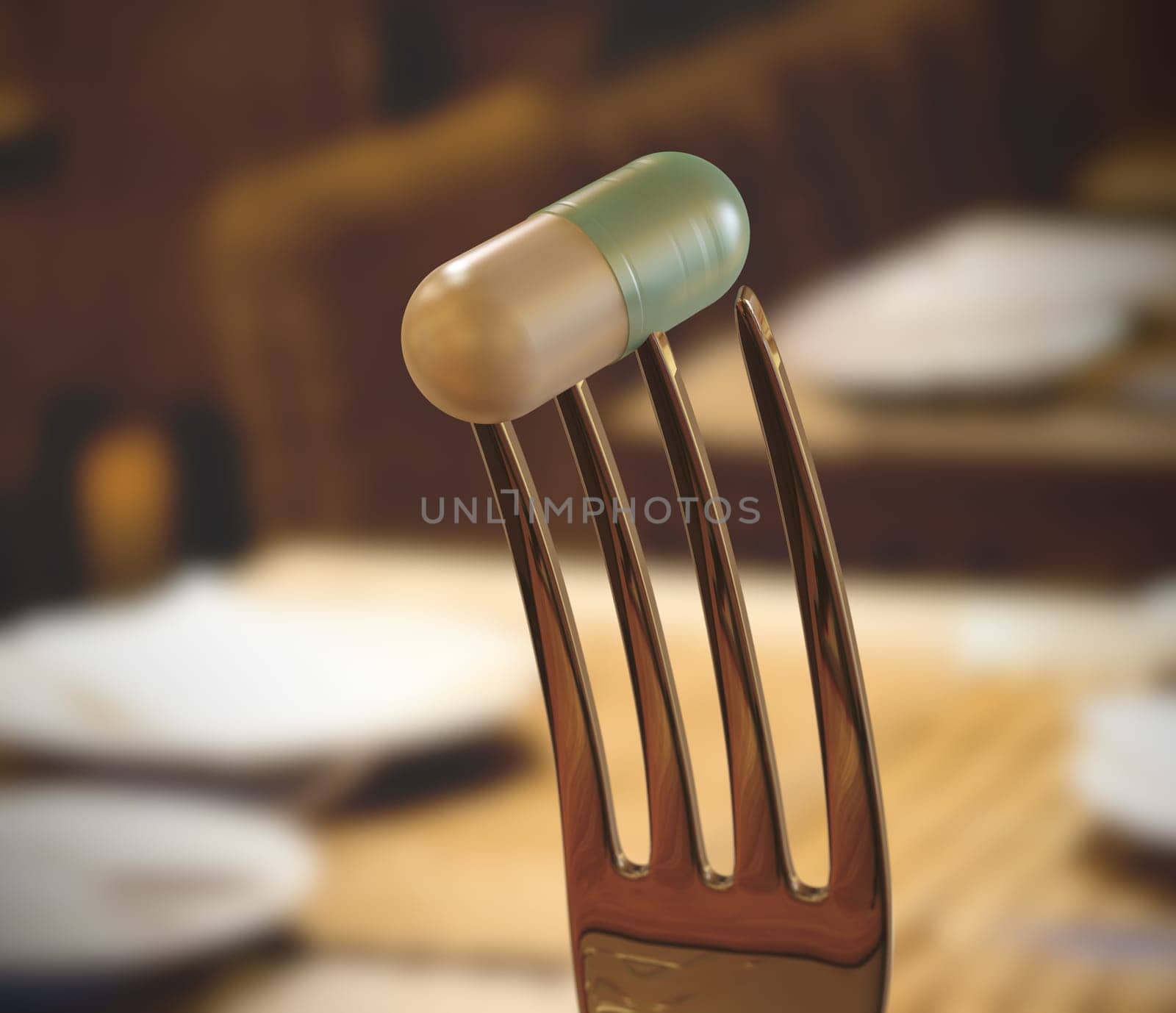 Inside the restaurant with a pill stuck in the fork. Concept of food supplement.