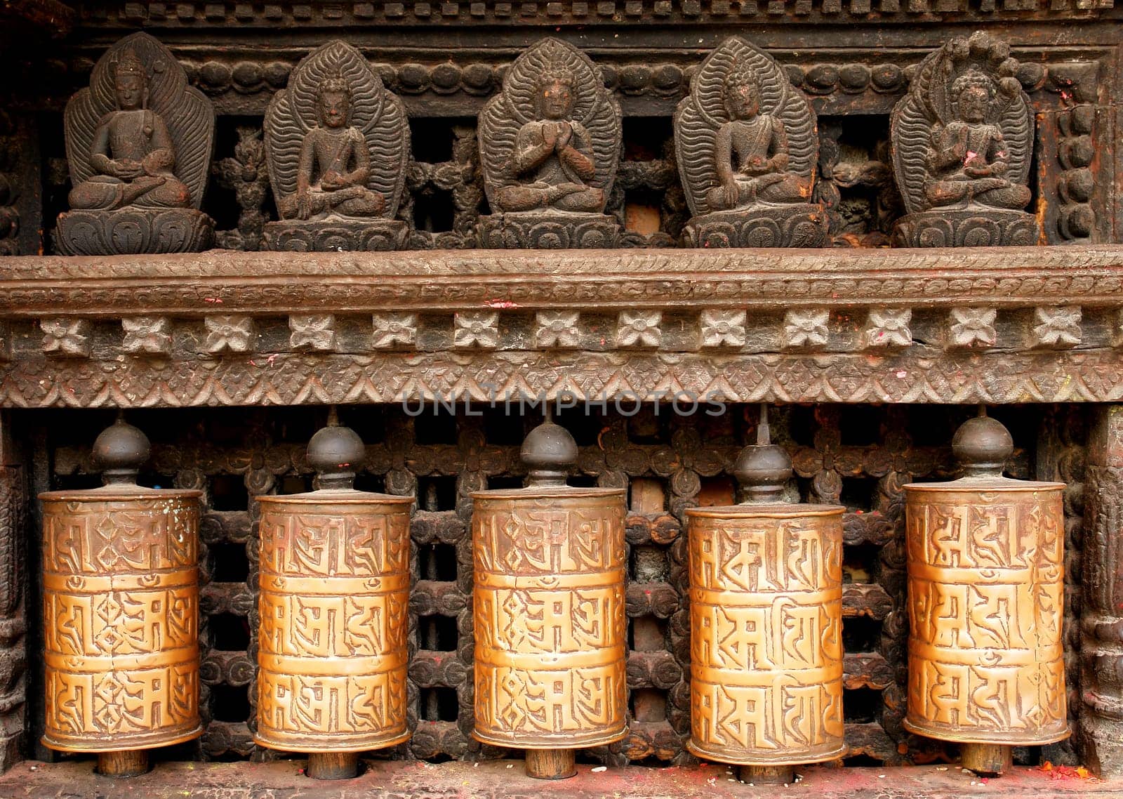 Prayer wheels at swayambhunath monkey temple in Kathmandu, Nepal