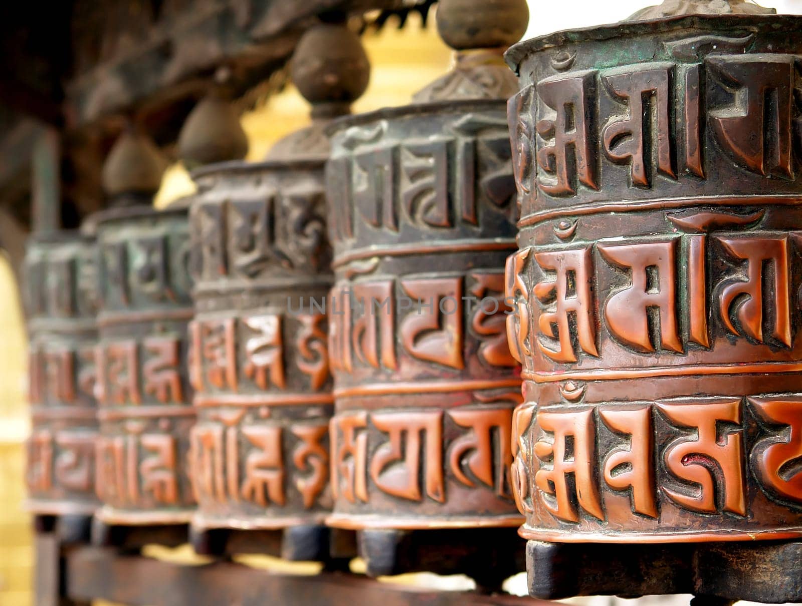 Prayer wheels at swayambhunath monkey temple in Kathmandu, Nepal