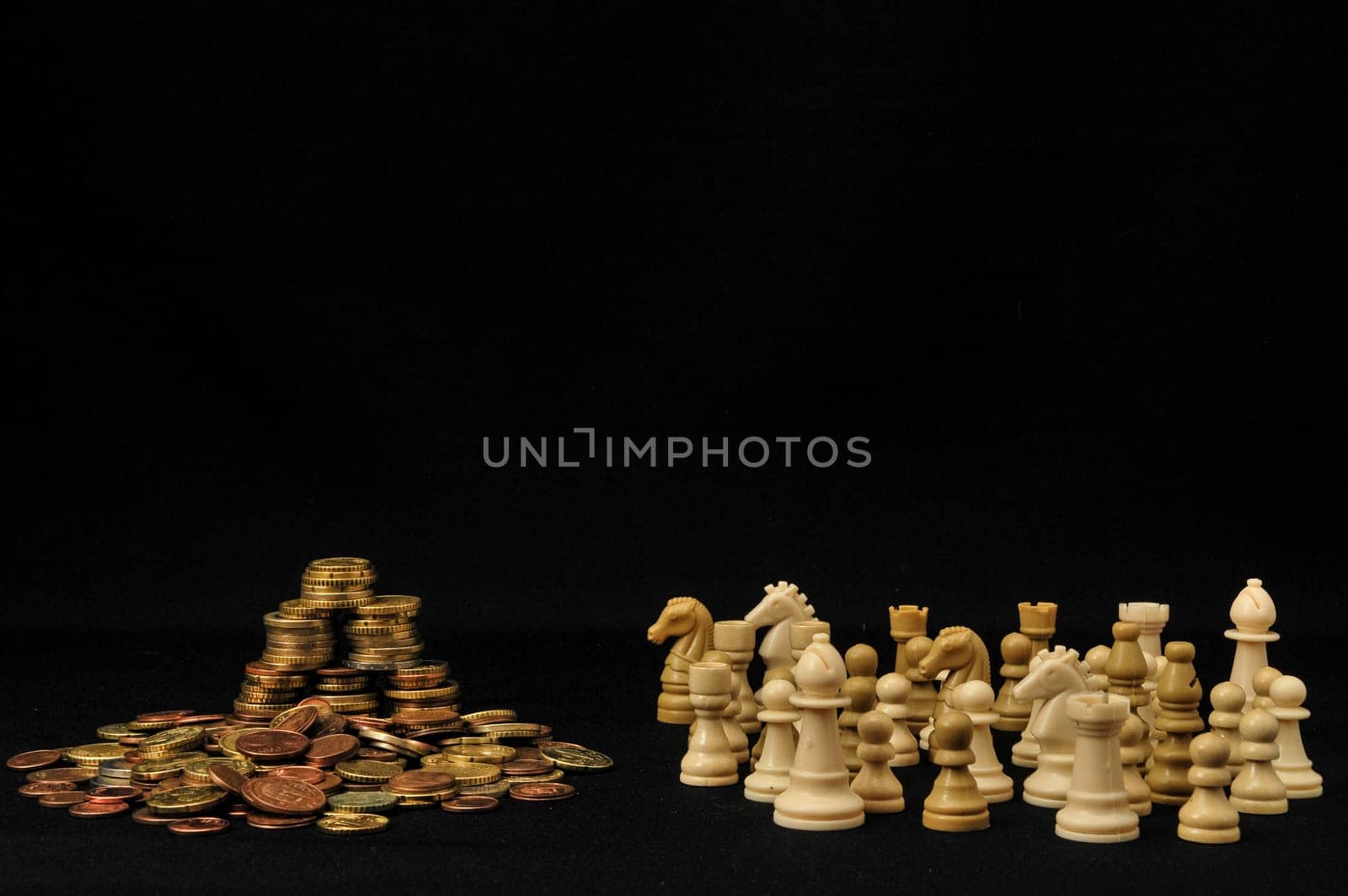 Money Strategy Concept White Chess and Currency on a Black Background