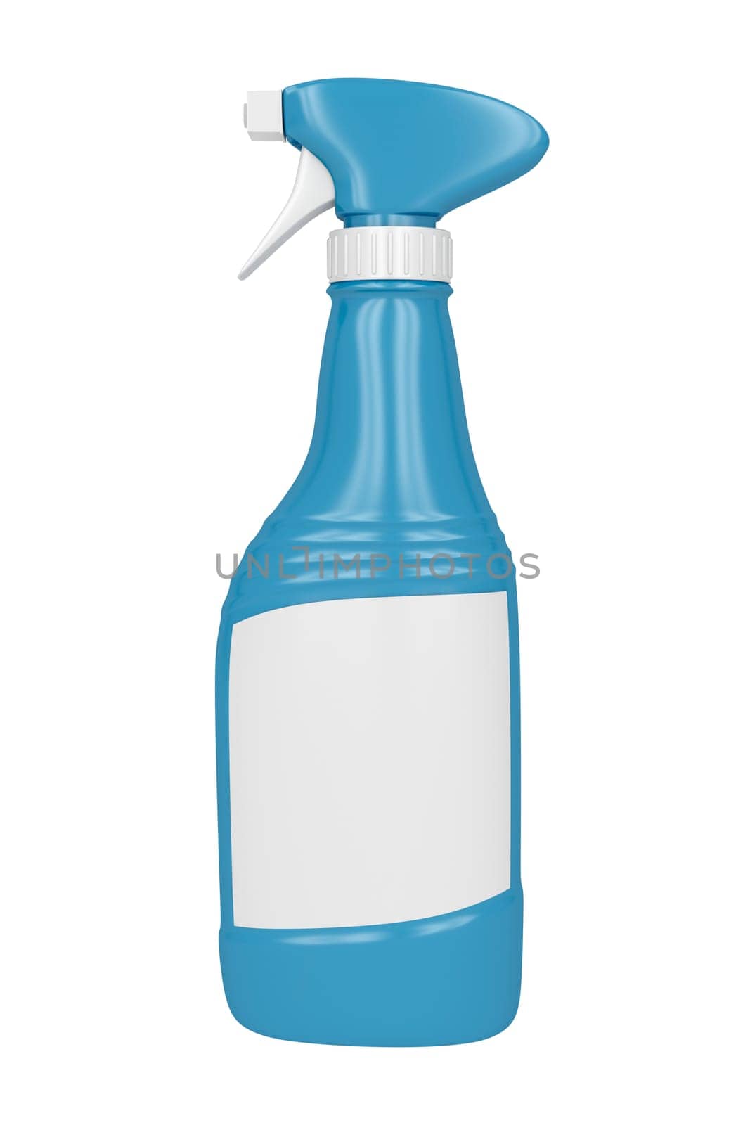 Blue spray bottle with empty label on white background