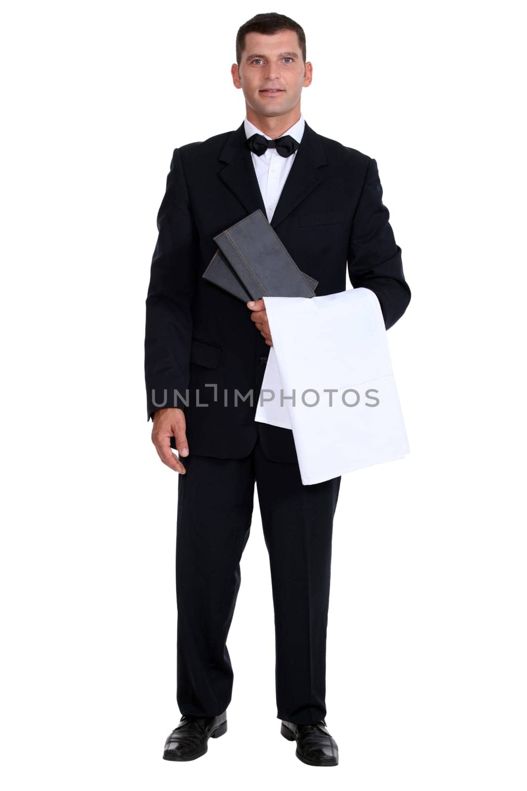Male waiter stood holding menu