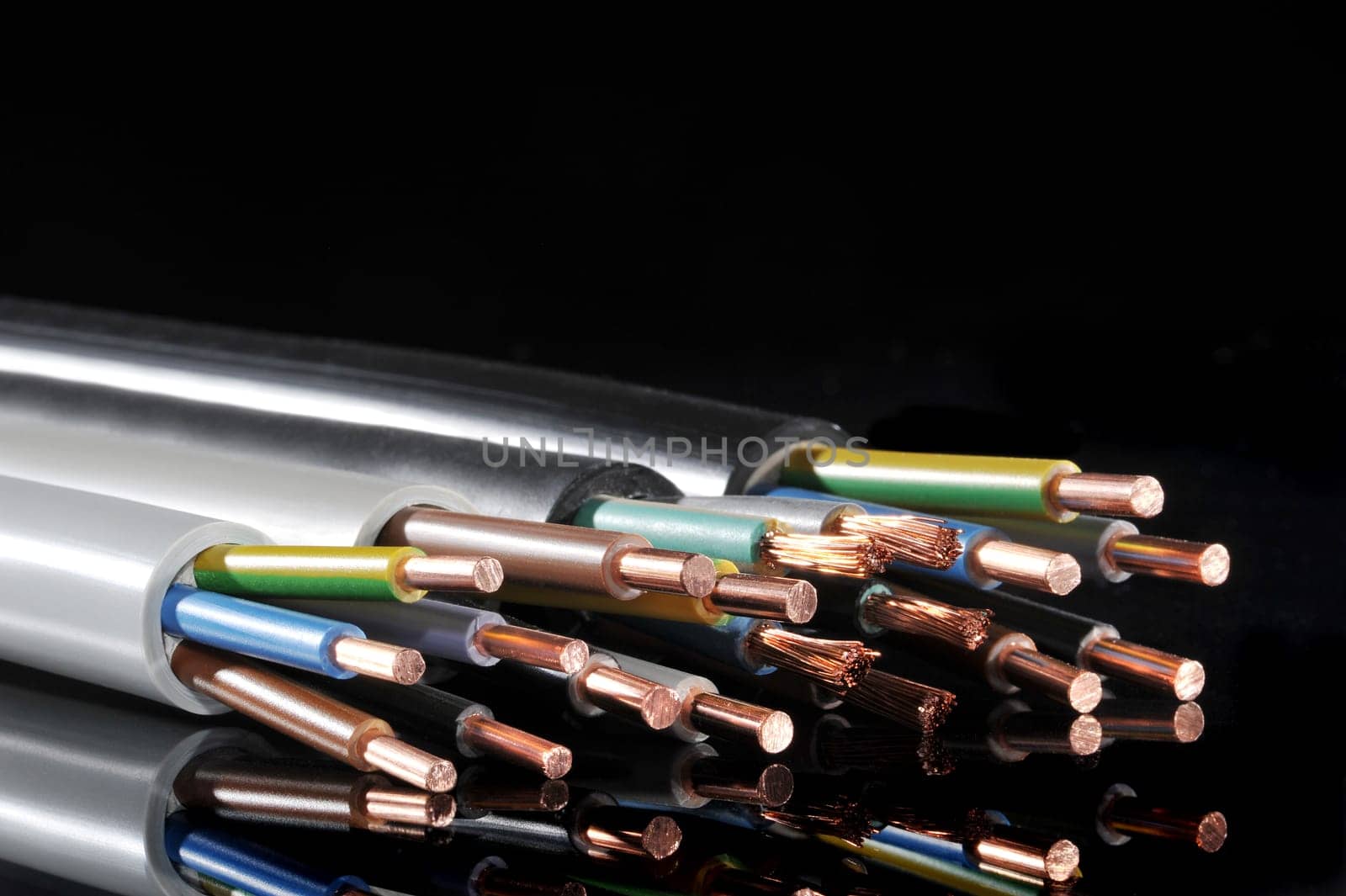 Macro detail of various stripped power cables