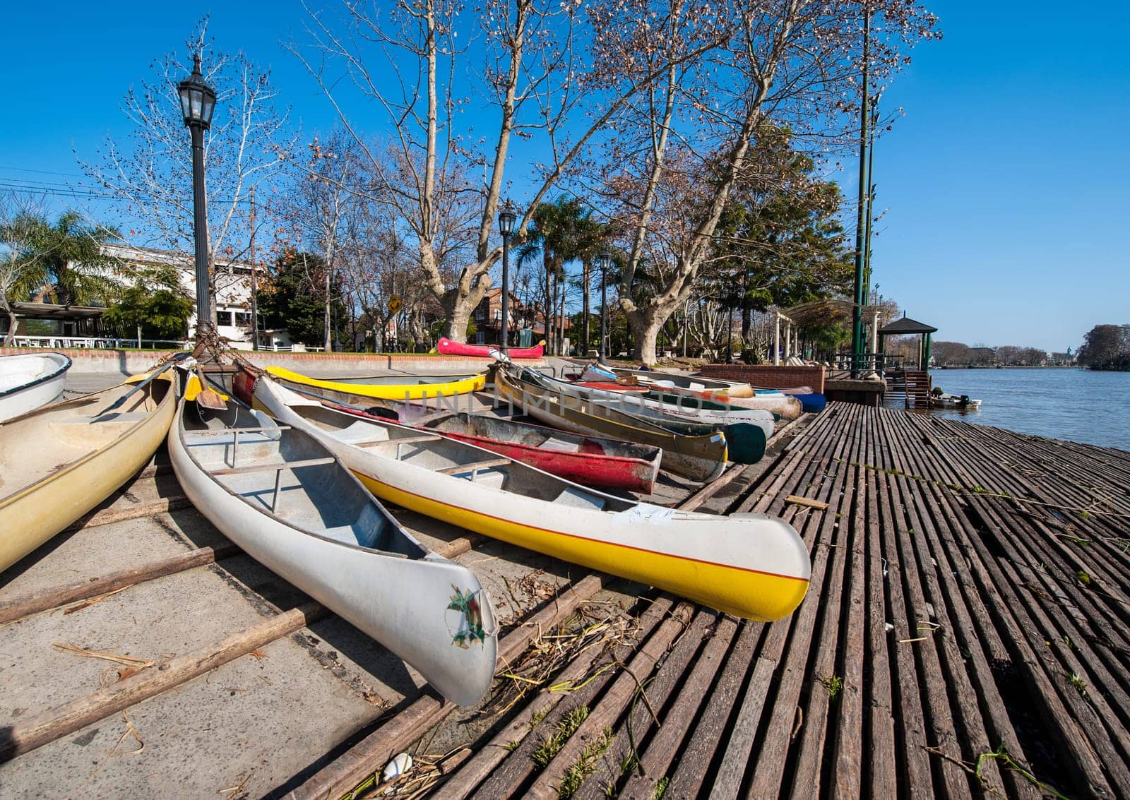 Parking of personal vehicles in El Tigre, a town in the delta of the Rio de la Plata, province of Buenos Aires, Argentina