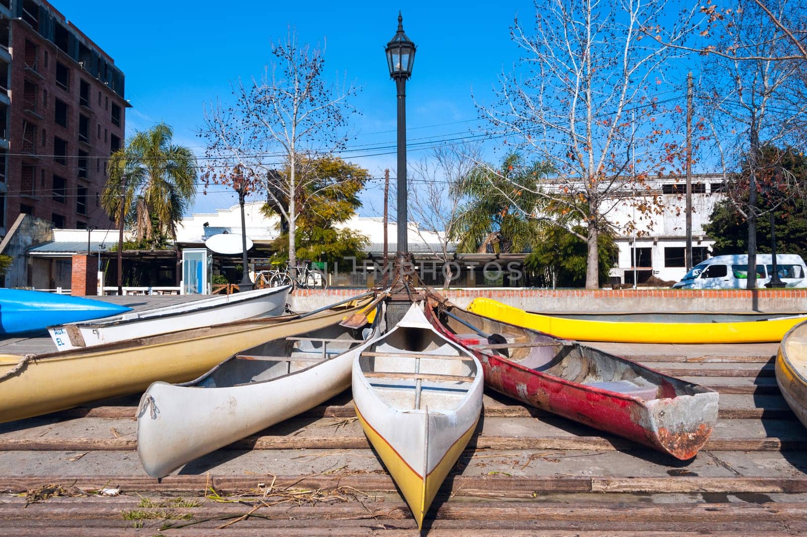 Parking of personal vehicles in El Tigre, a town in the delta of the Rio de la Plata, province of Buenos Aires, Argentina
