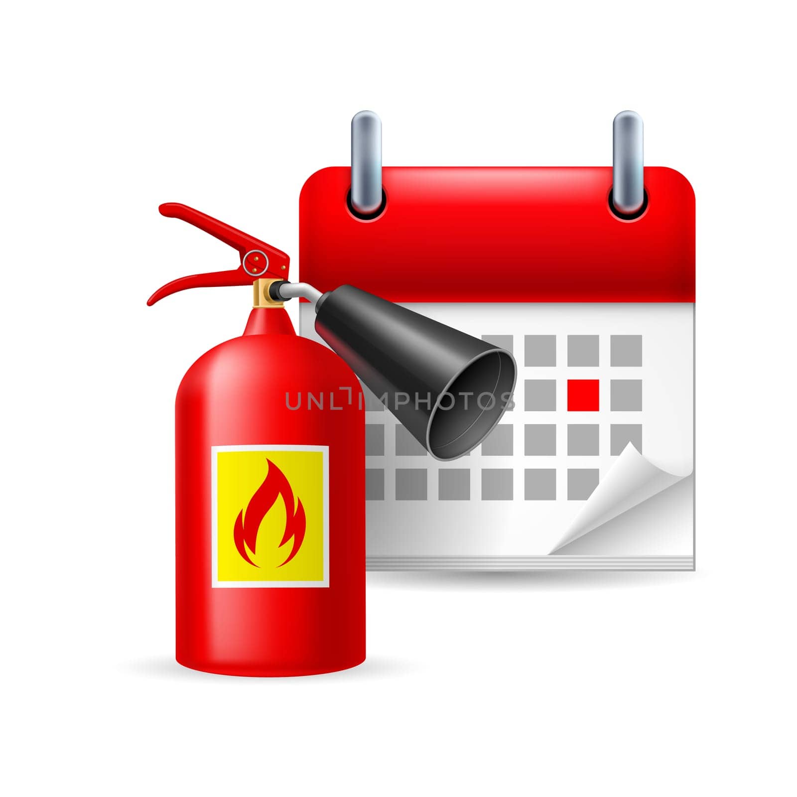 Fire extinguisher and calendar with marked day. Firefighters Day
