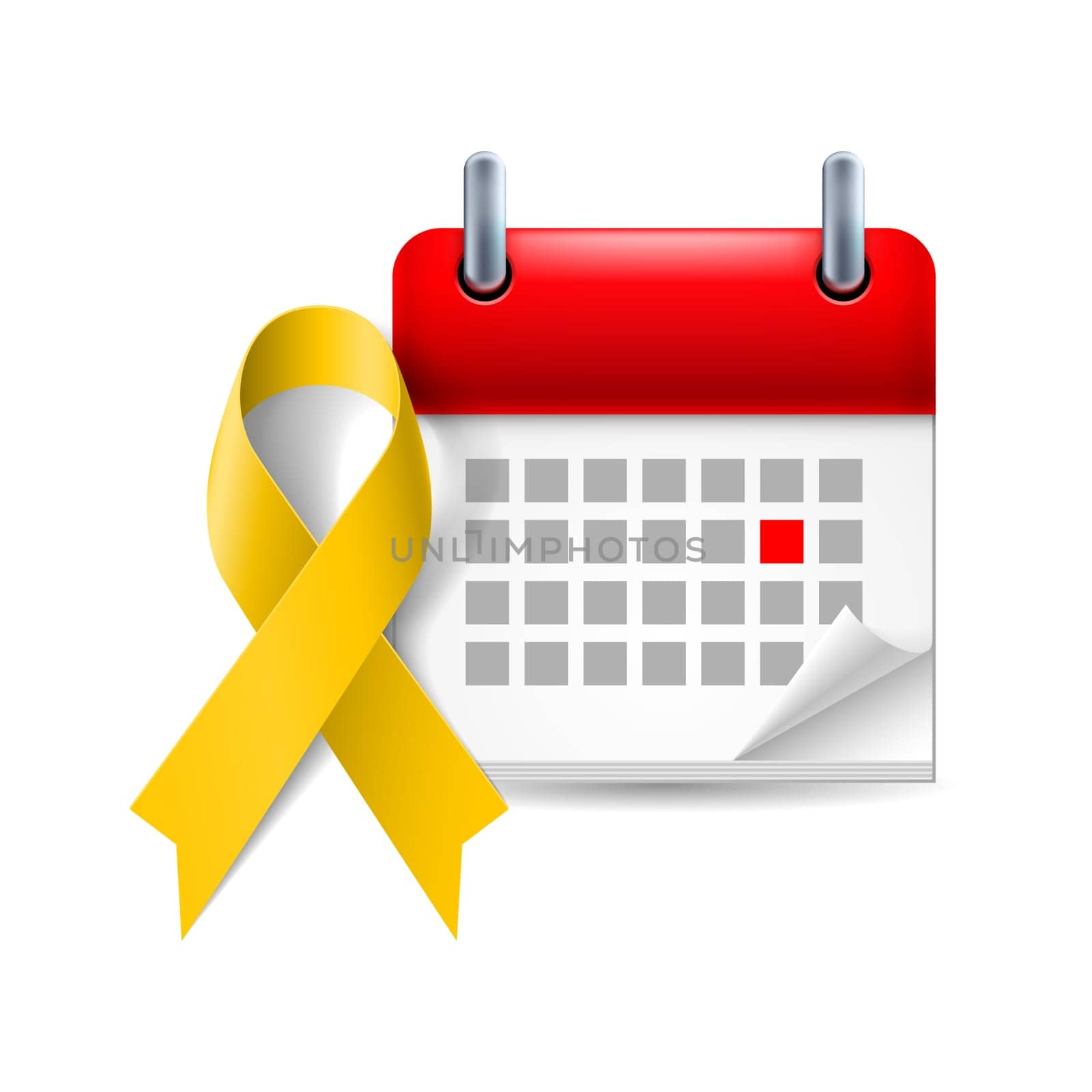 Yellow awareness ribbon and calendar with marked day. Bone cancer and troops support symbol