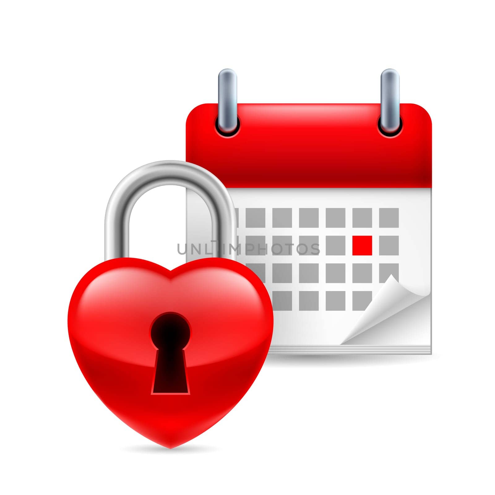 Heart lock and calendar with marked day.  Valentines Day or wedding day