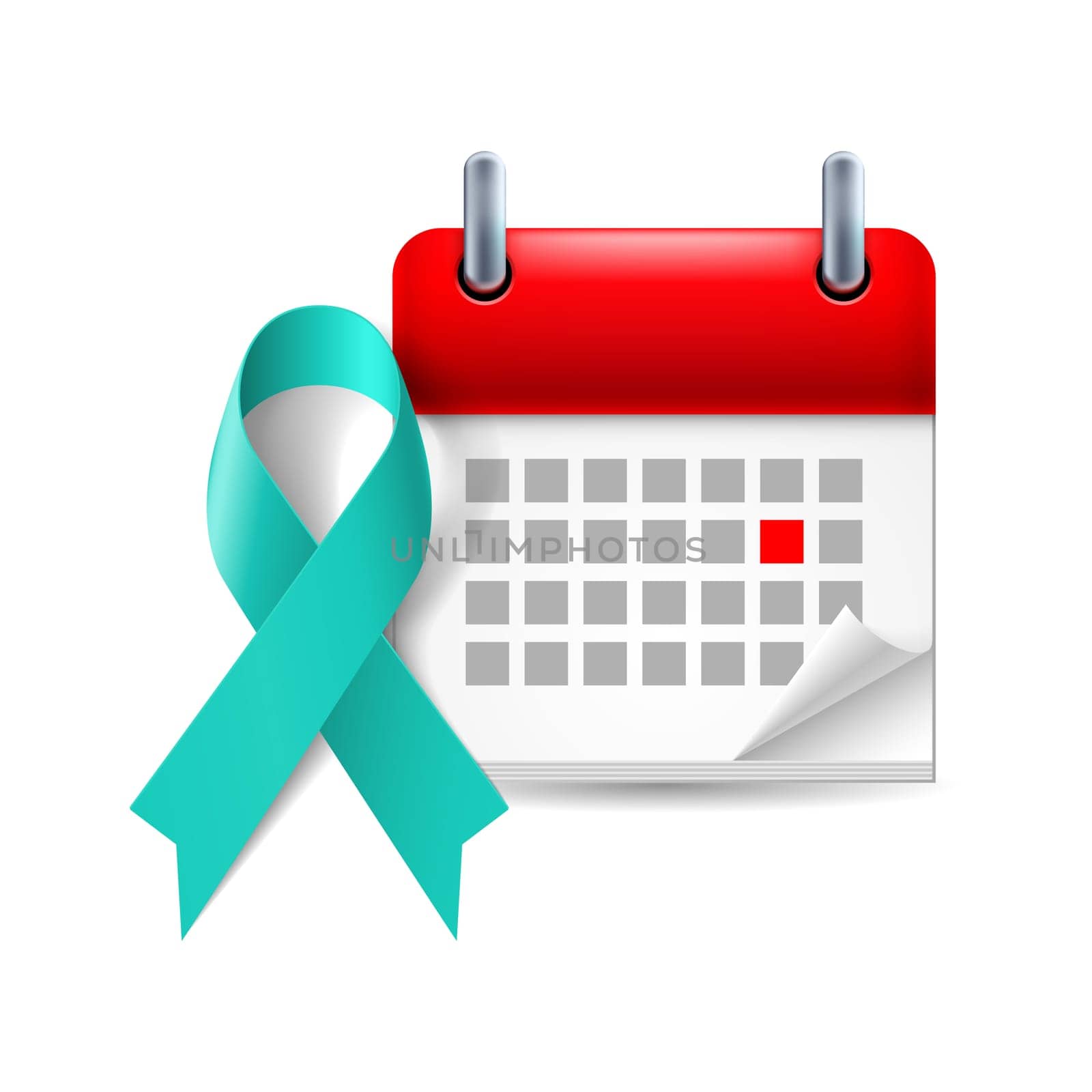 Teal awareness ribbon and calendar with marked day. Symbol of scleroderma, ovarian cancer, food allergy, tsunami victims, kidney disease, sexual assualt