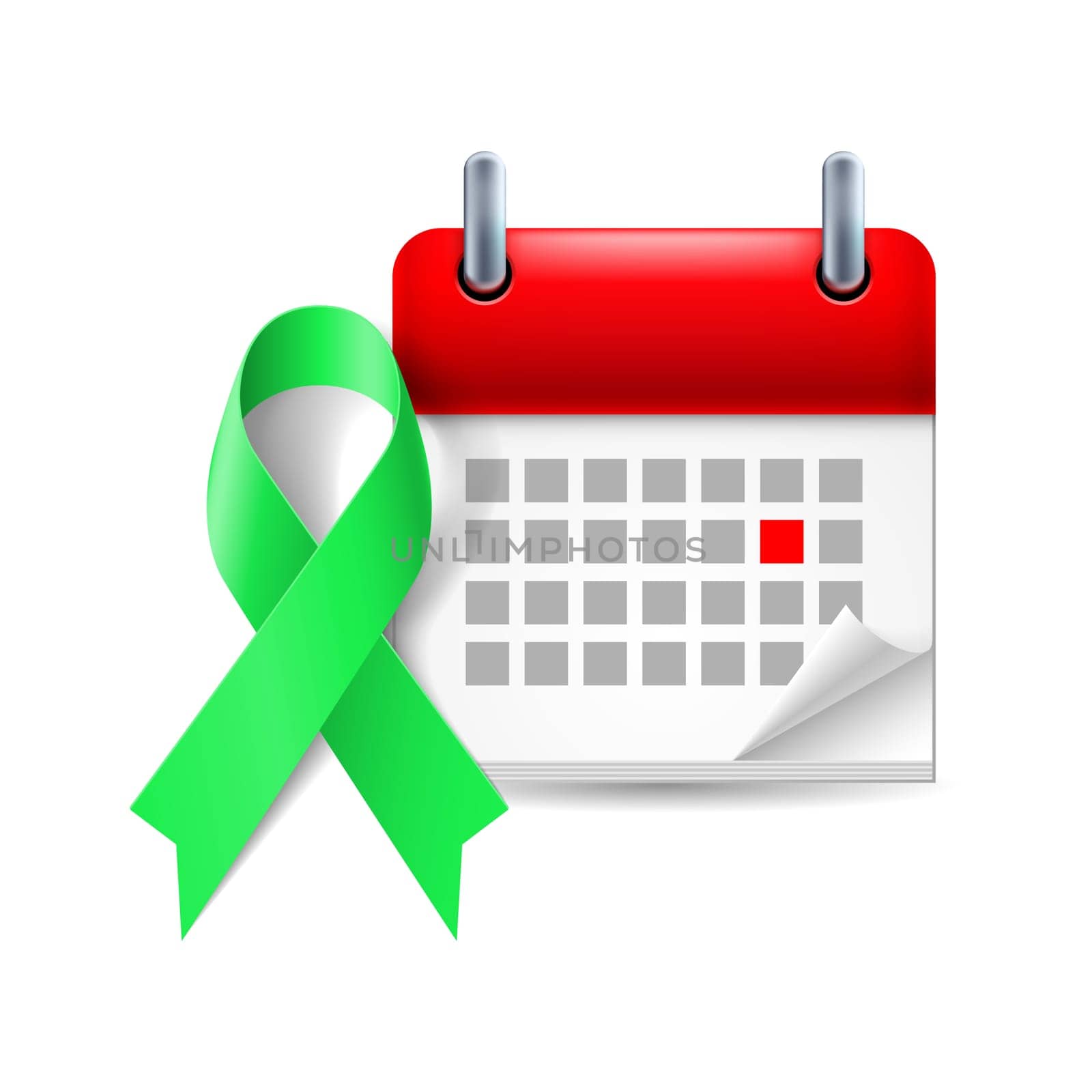 Green awareness ribbon and calendar with marked day. Kidney cancer symbol
