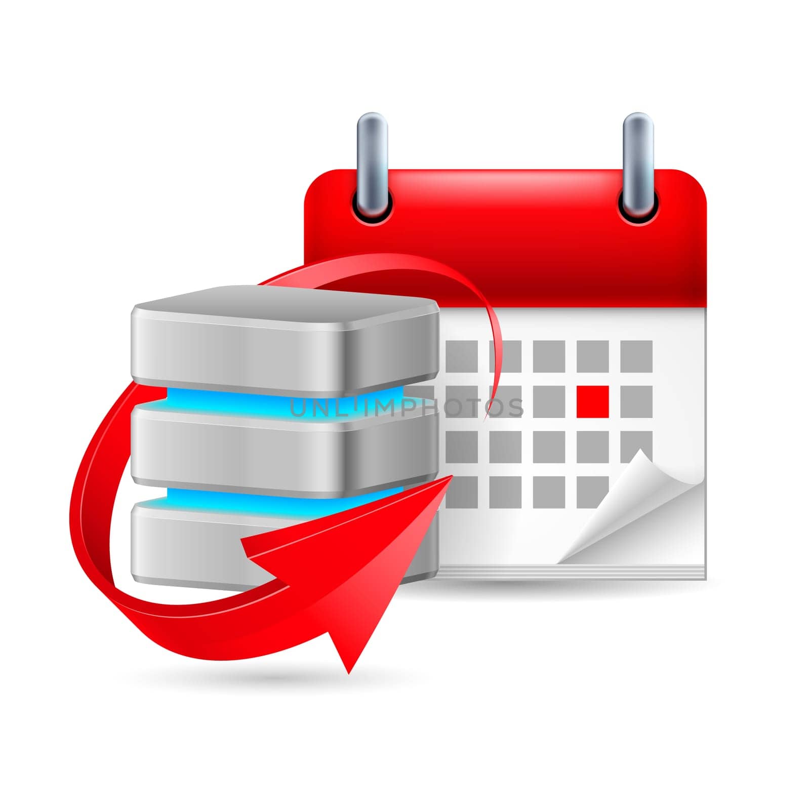 Database sign with update symbol and calendar with marked day