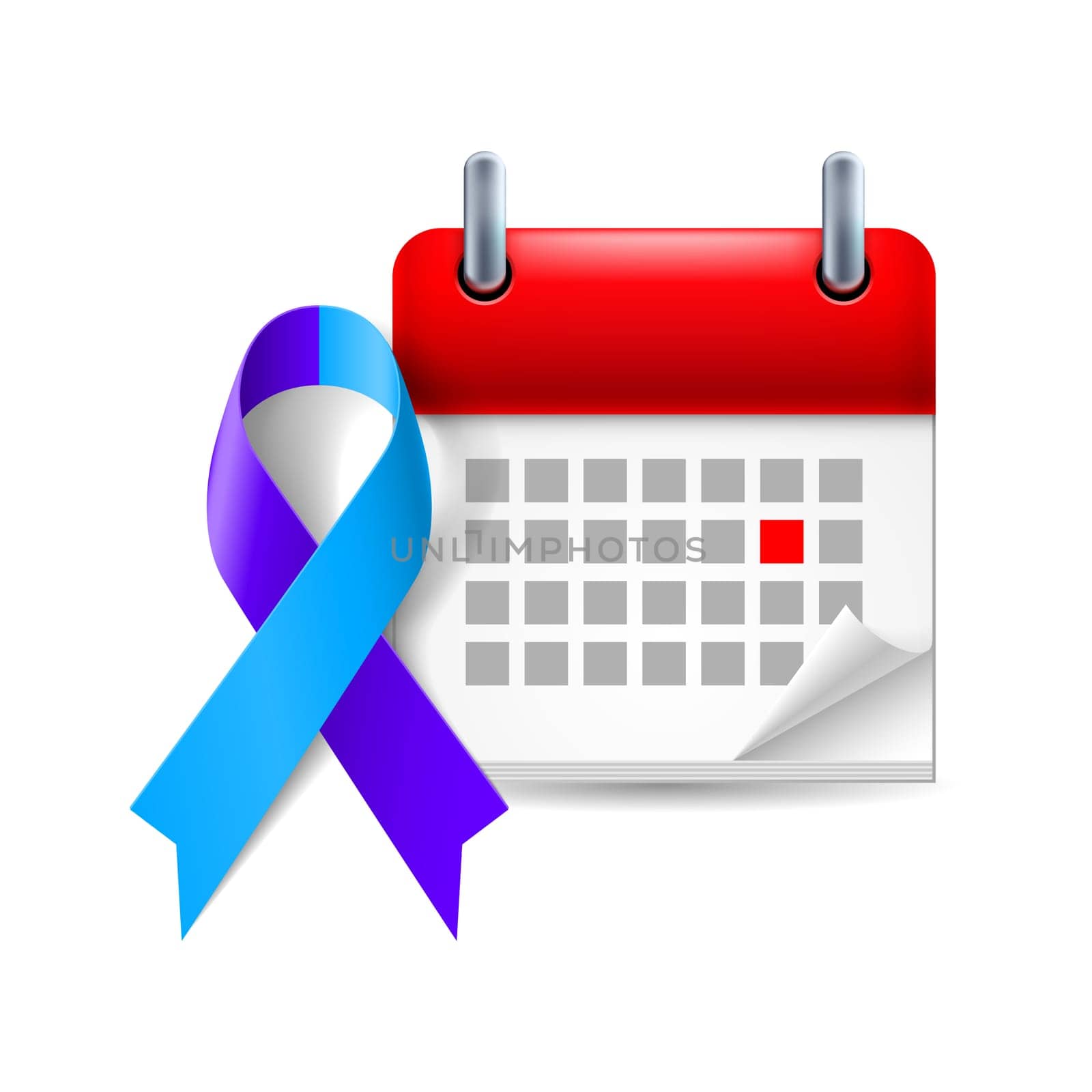 Blue and purple awareness ribbon and calendar with marked day. Rheumatoid arthritis symbol