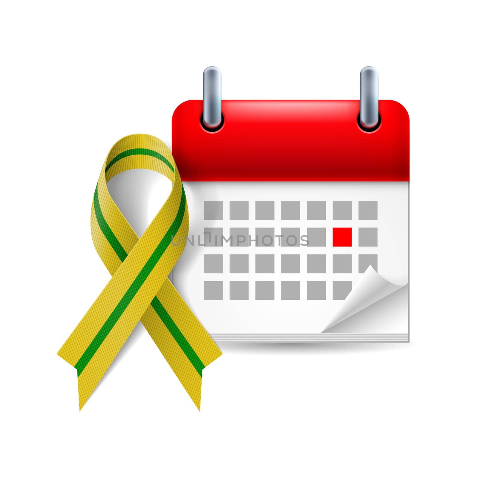 Olive-green awareness ribbon and calendar with marked day. Anniversary of liberation of Leningrad from the Nazi block during World War II