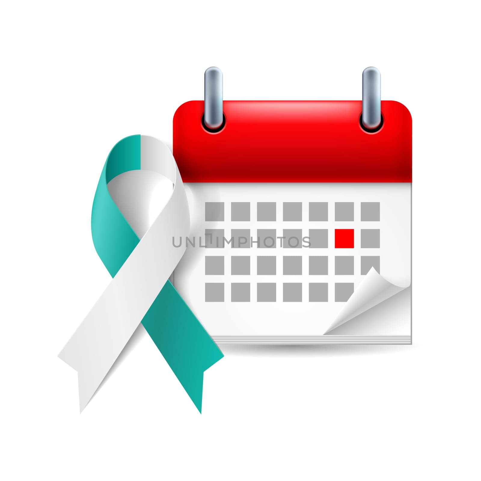 Teal and white awareness ribbon and calendar with marked day. Cervical cancer symbol