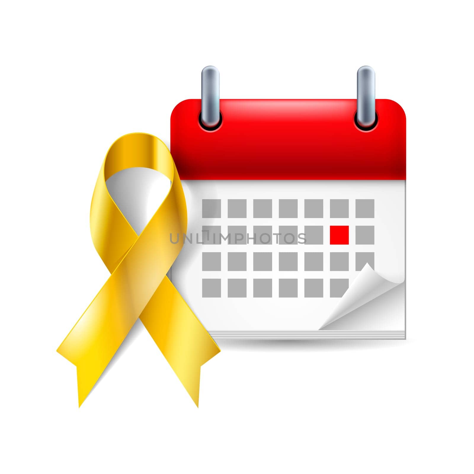 Gold awareness ribbon and calendar with marked day. Childhood cancer symbol