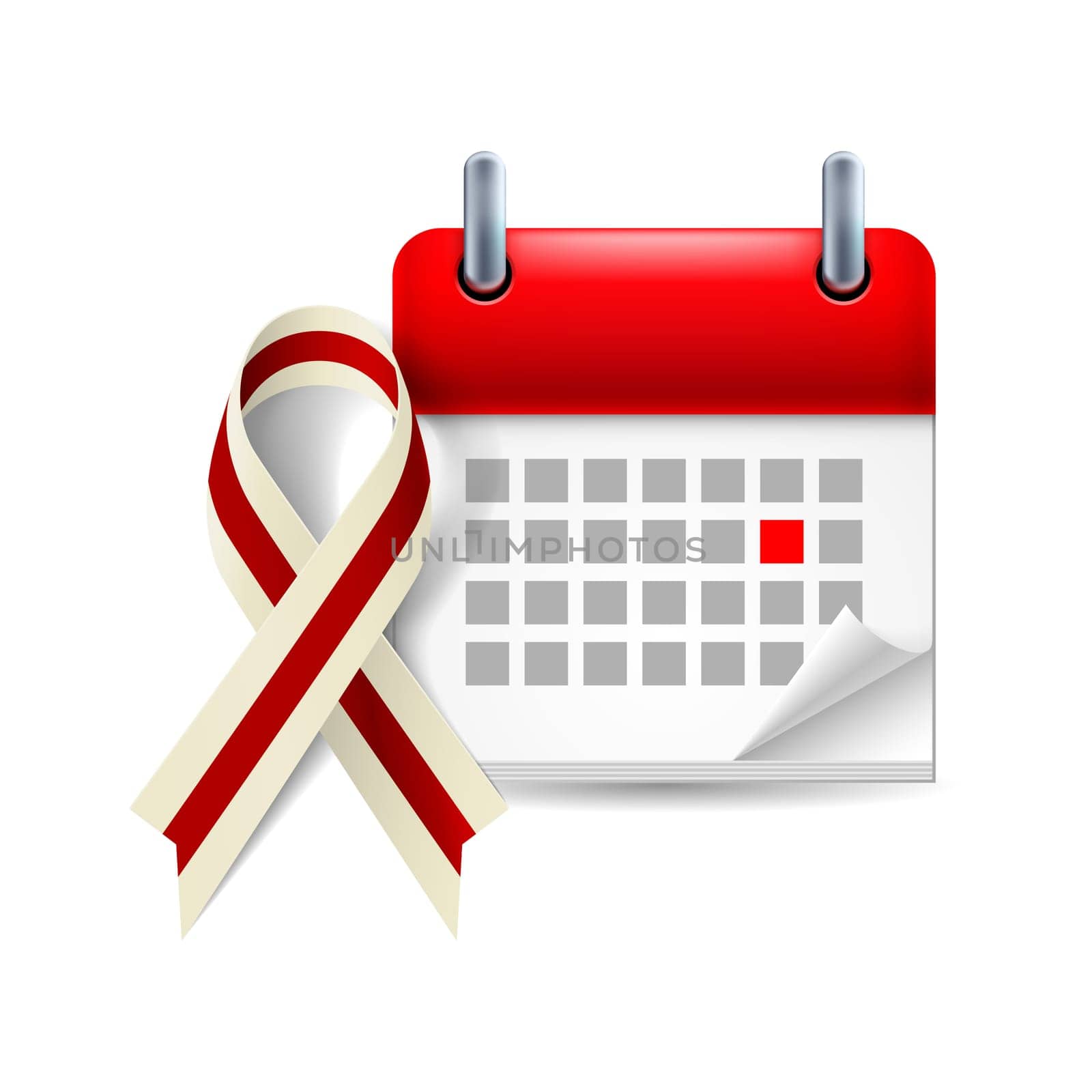 Burgundy and ivory awareness ribbon and calendar with marked day. Head and neck cancer symbol