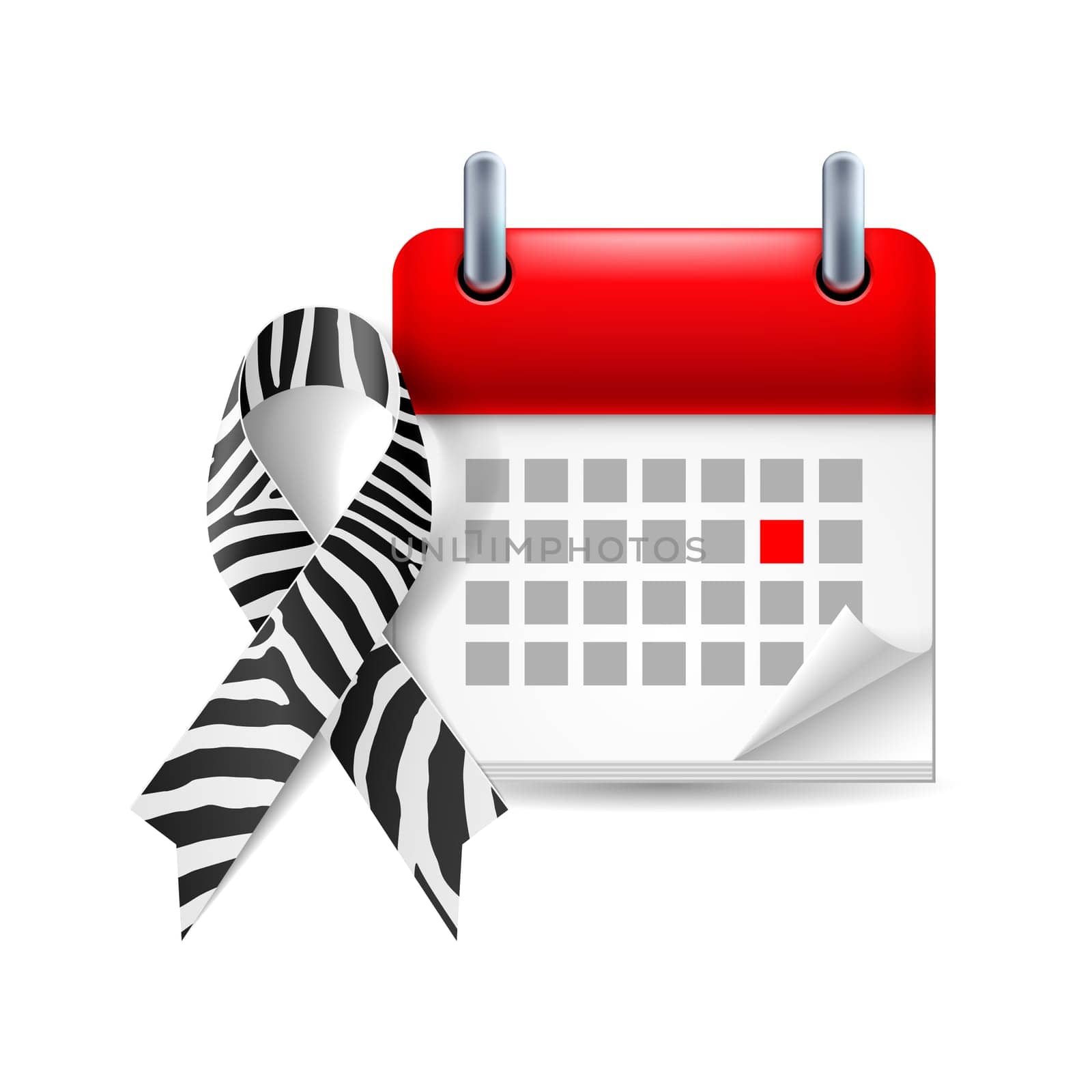 Zebra-print awareness ribbon and calendar with marked day. Rare-disease, Ehlers-Danlos syndrome symbol