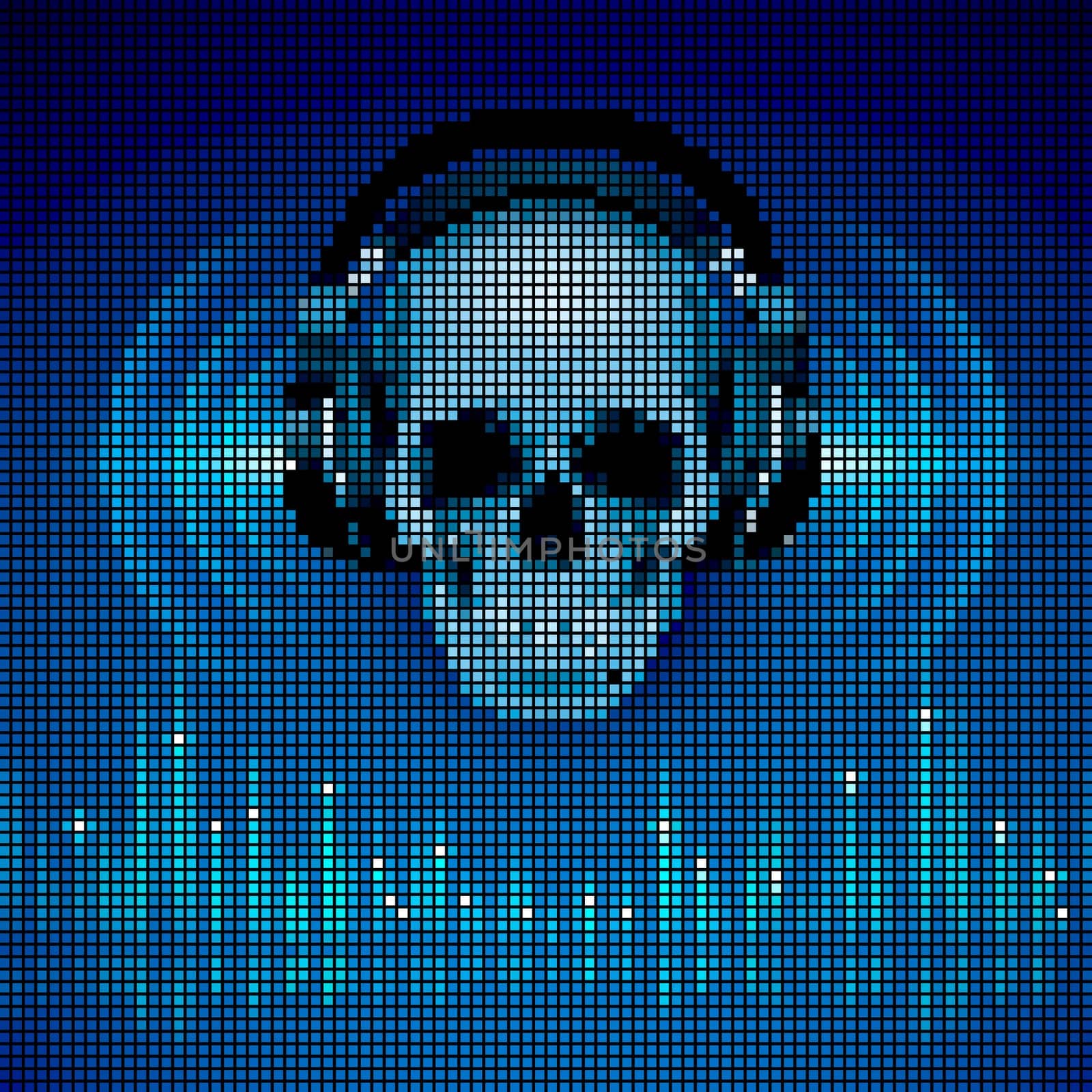 Disco background with skull in headphones, equalizer in blue shades. LED display style