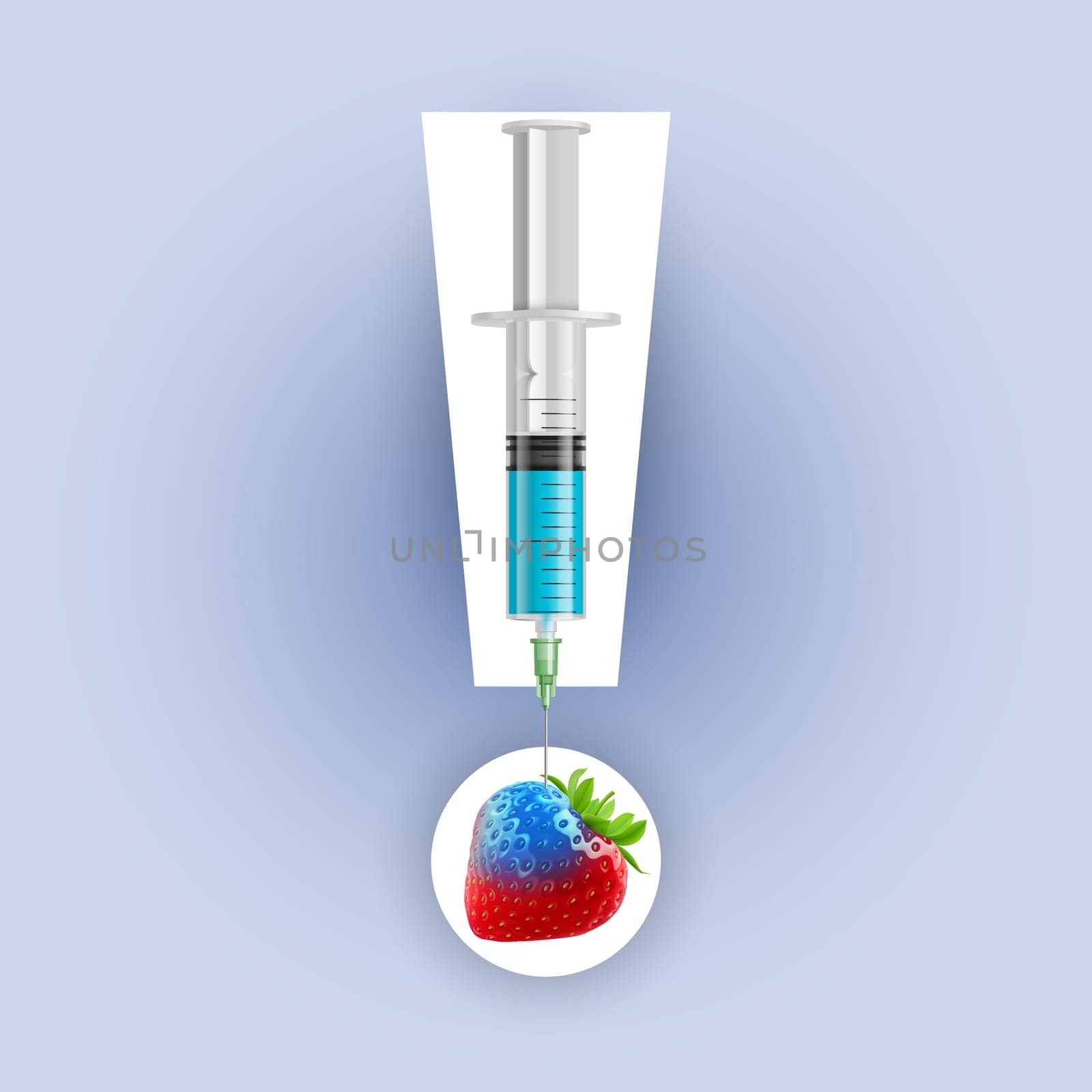 Fresh strawberry undergoing GMO rendered as syringe. Image made as exclamatory mark
