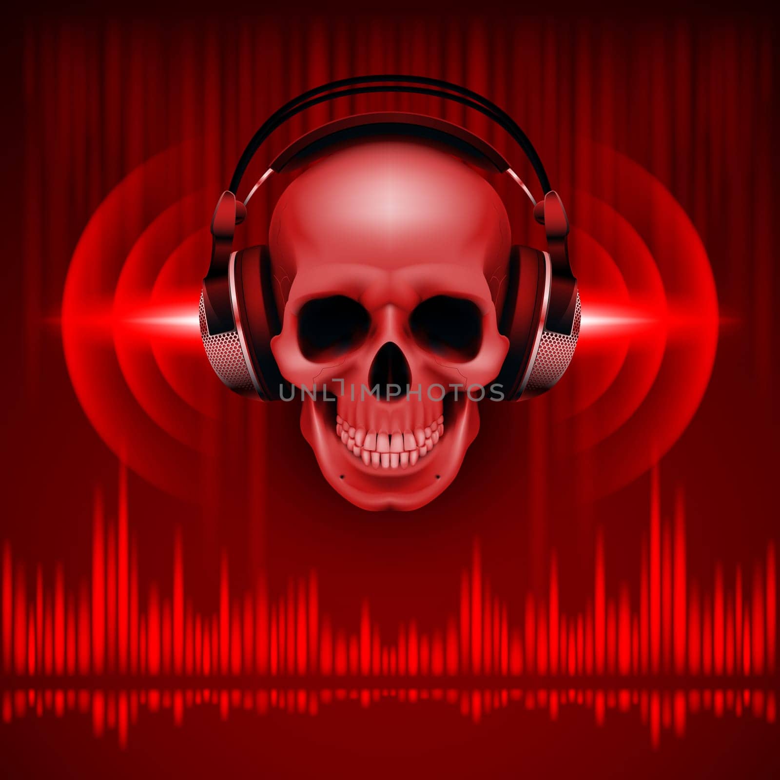 Disco background with skull in headphones, equalizer in red shades