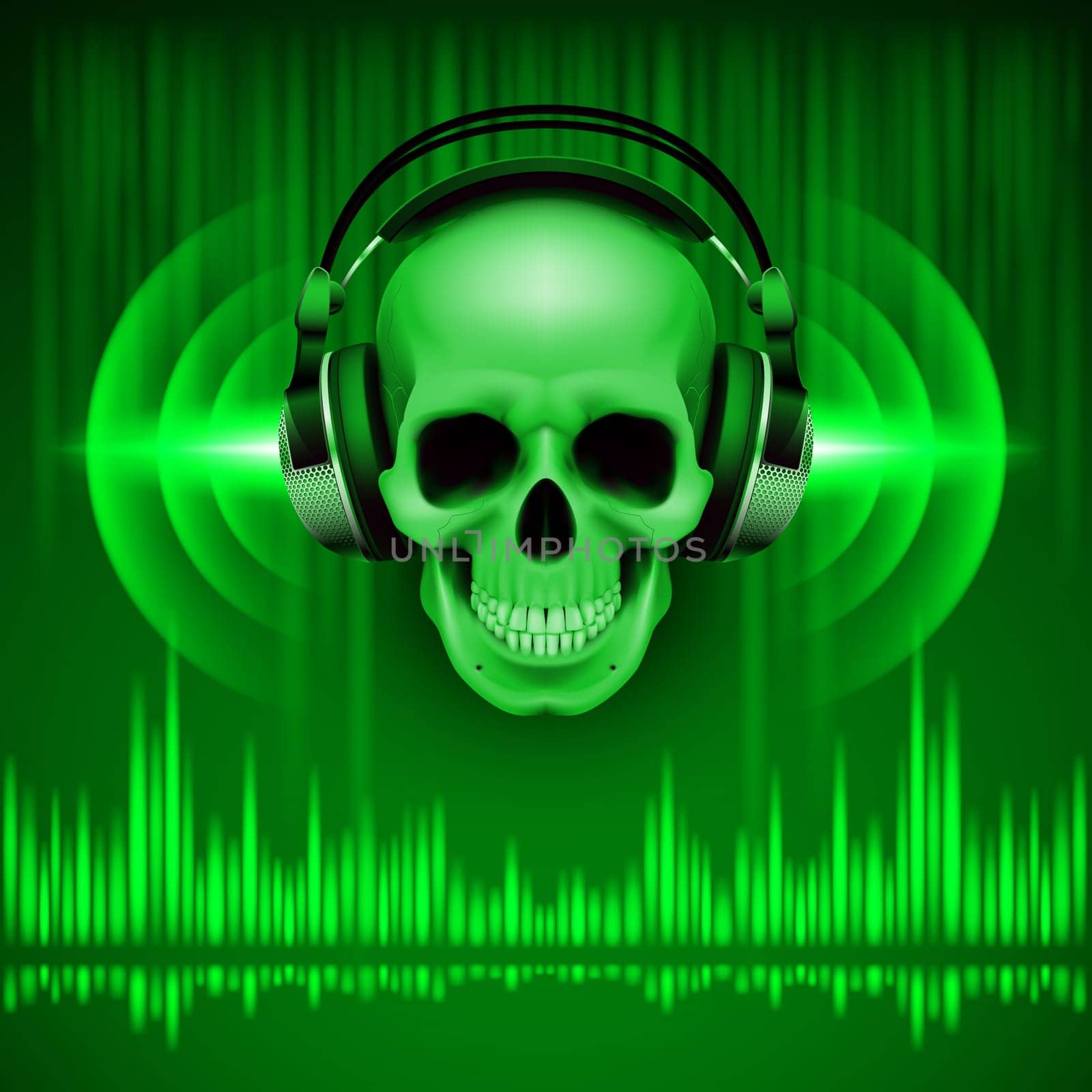 Disco background with skull in headphones, equalizer in green shades