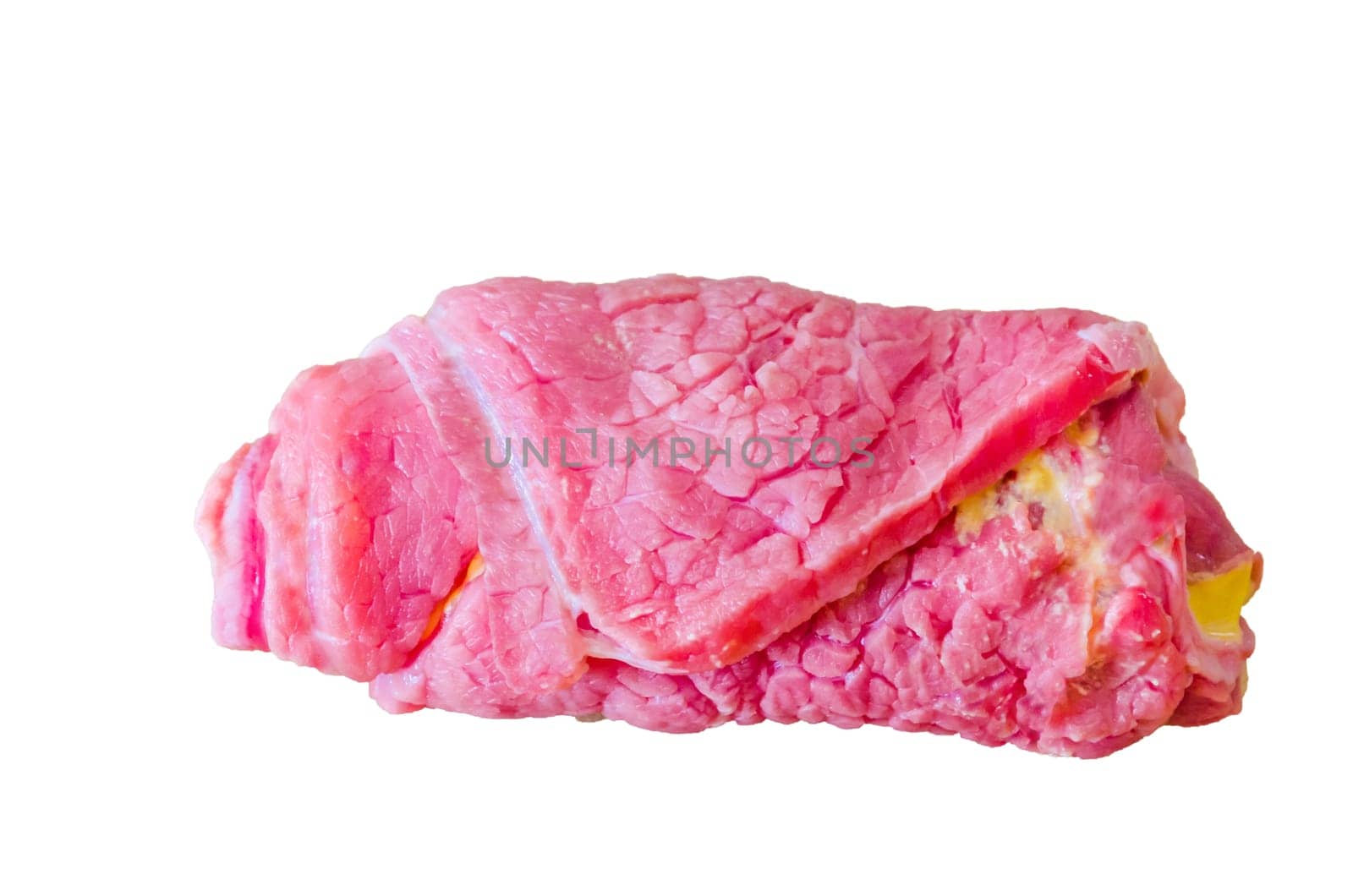 Unfried roulade made from fresh beef against a white background...