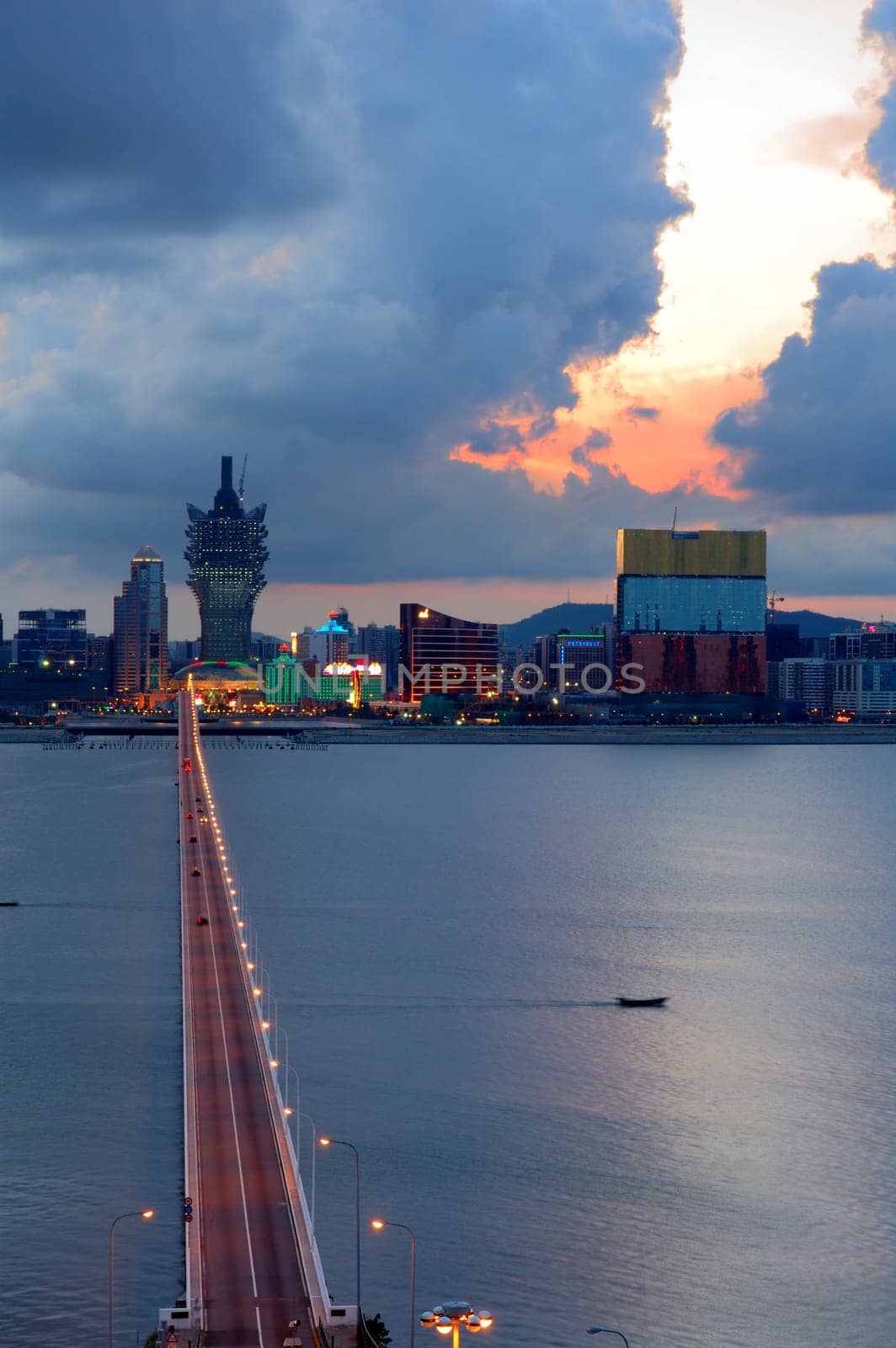 A view of Macau city with Macau-Taipa brigde with connection between the Macau peninsula and Taipa island