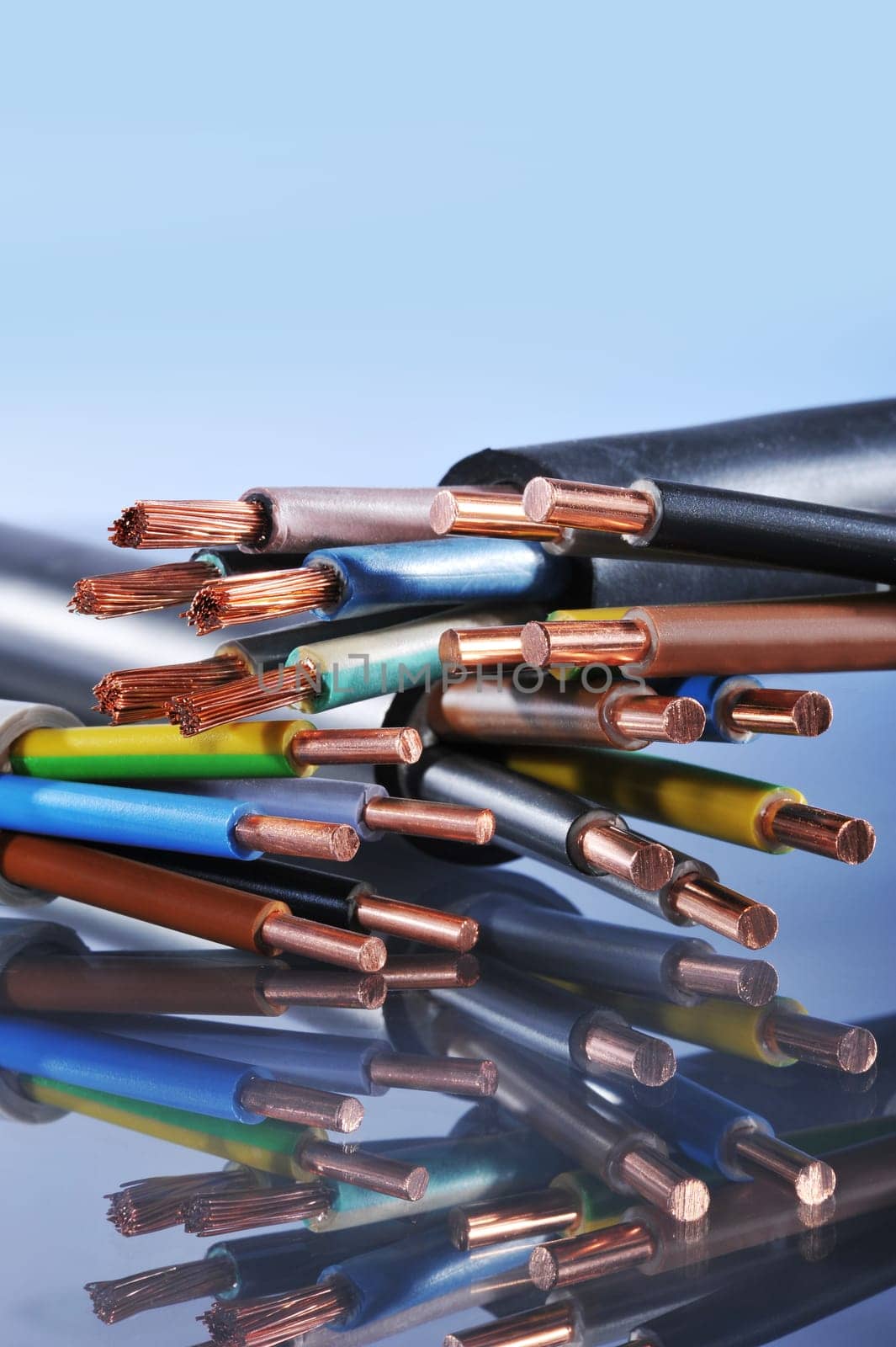 Macro detail of various stripped power cables