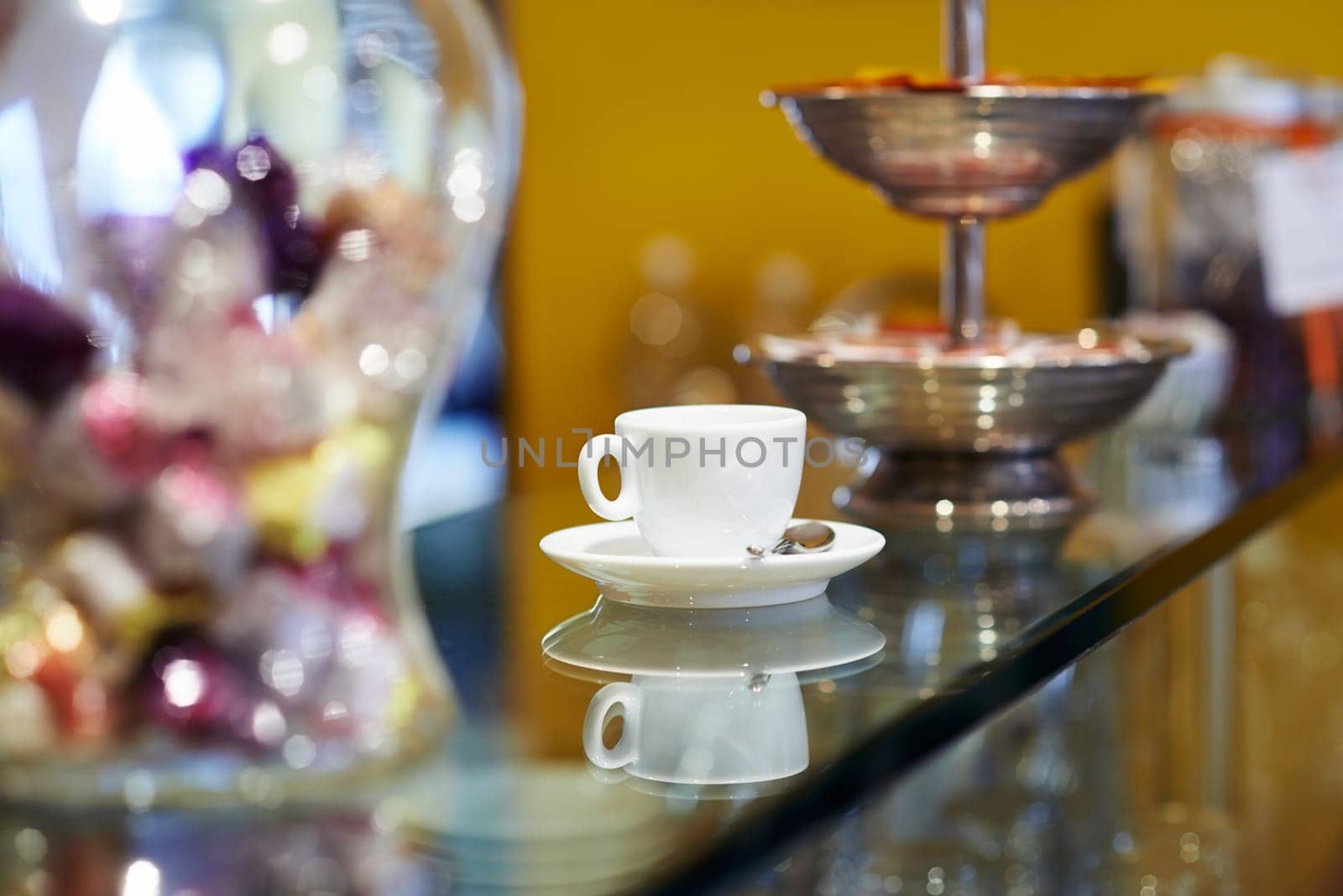italian espresso coffee cup on counter in cafeteria