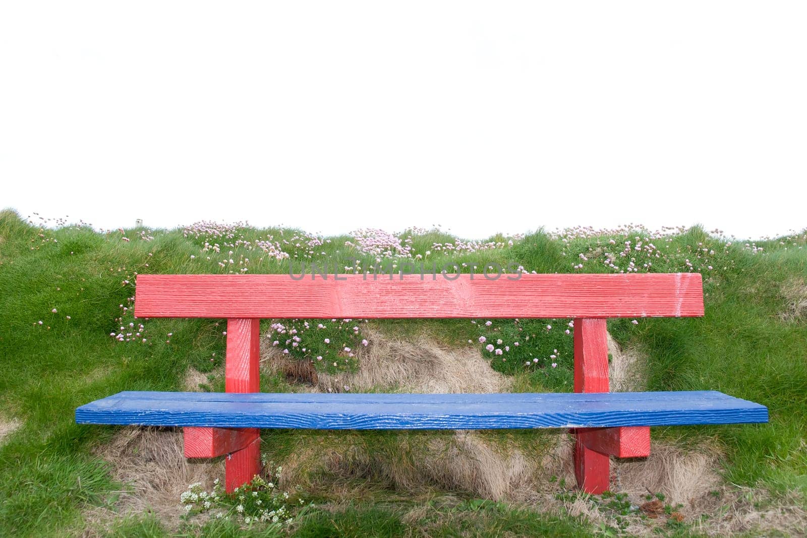 red and blue bench positioned at the edge on top of a cliff