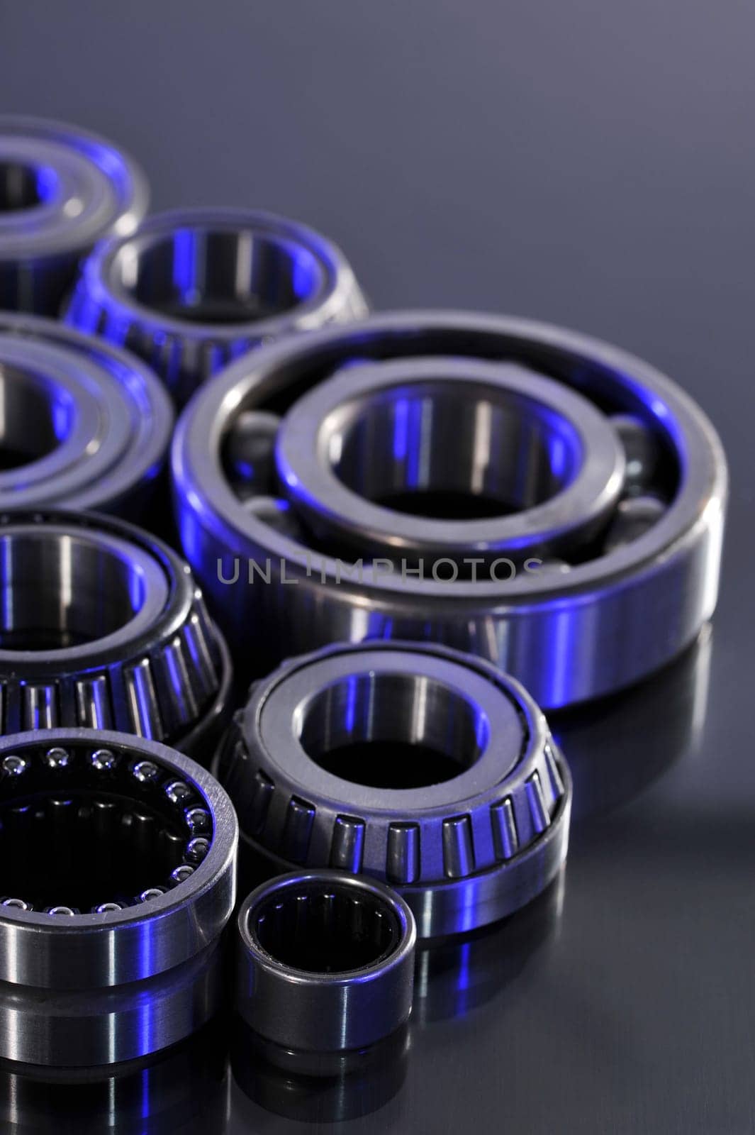 Close-up of various ball bearings in UV light