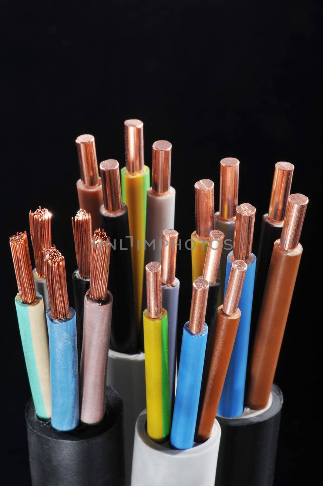 Macro detail of various stripped power cables