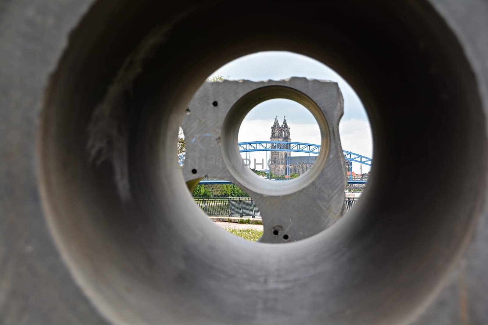 View through two boreholes to the Magdeburg Cathedral